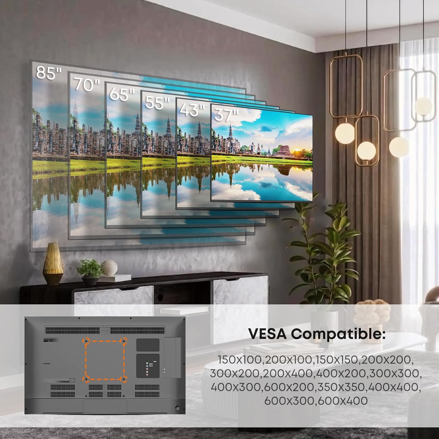 PUTORSEN 37-85 Inch TV Wall Mount Bracket 165lbs Capacity 8° Tilt Quick Lock Max VESA 600x400mm - Image 2