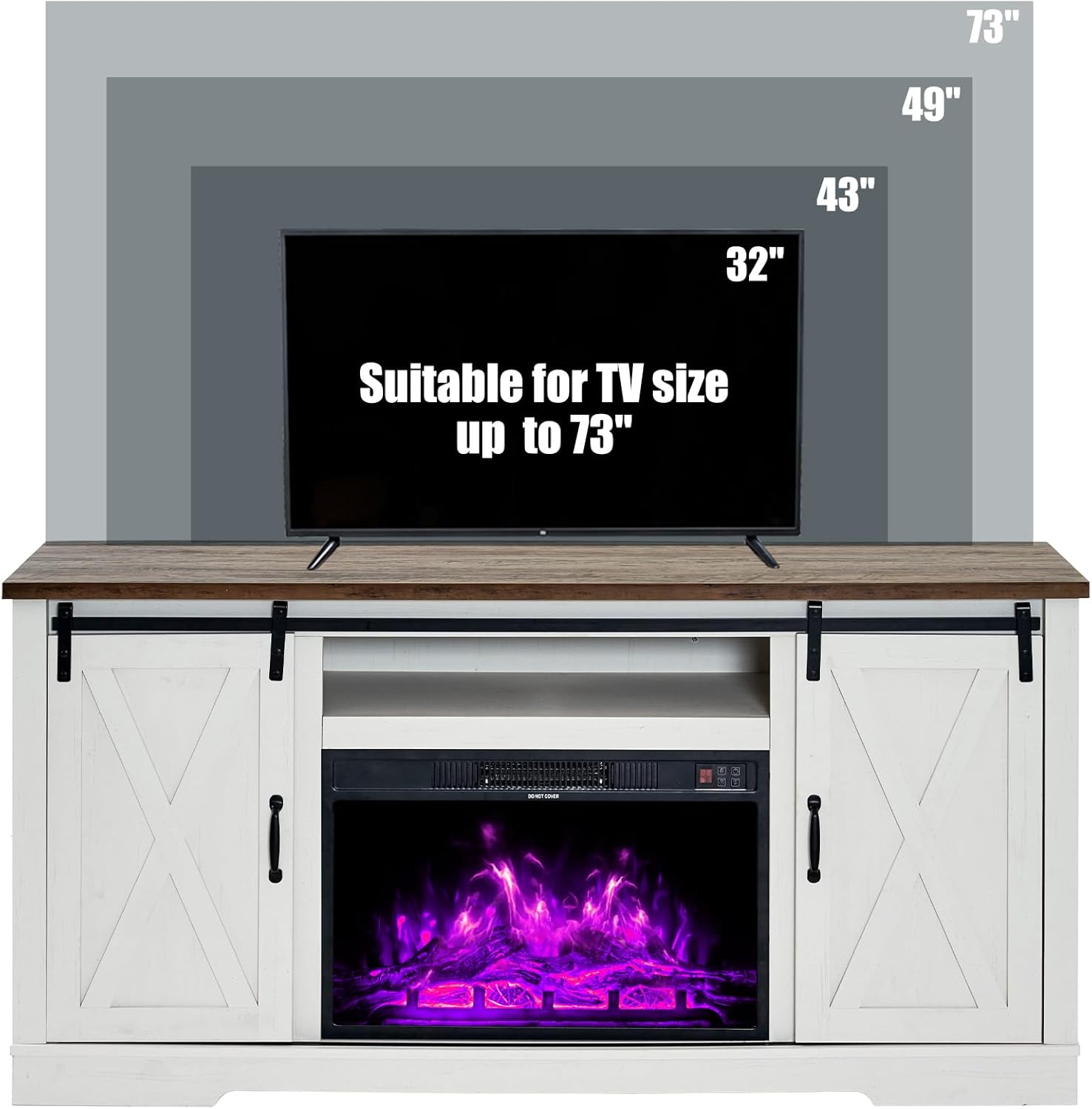 63-inch Farmhouse Fireplace TV Stand with Sliding Barn Door, Distressed White & Barnwood Finish, Holds TVs up to 73 Inches - Image 7