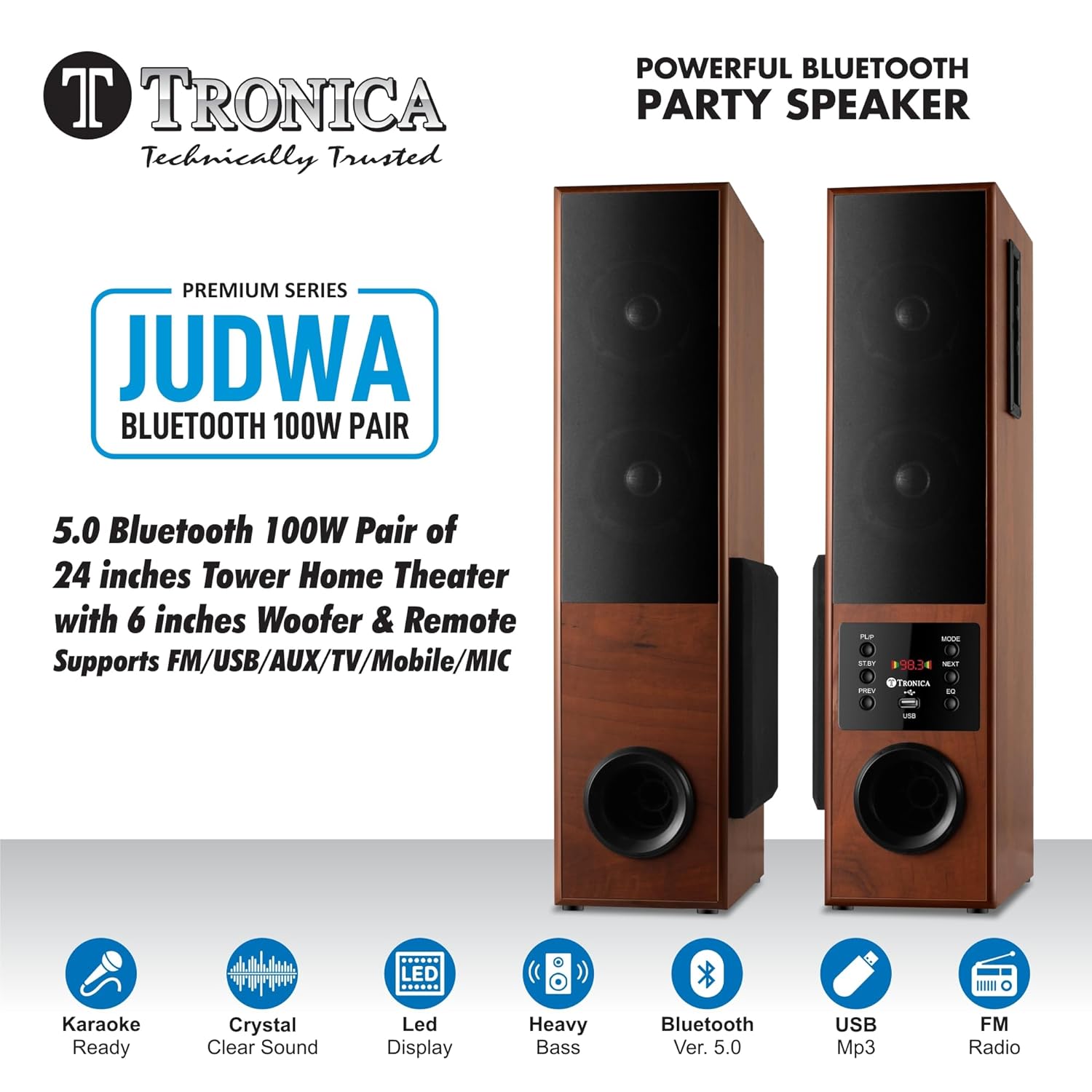 TRONICA JUDWAA 5.0 100W Tower Home Theater Speaker Pair 24" with 6" Woofer and Remote - Image 2