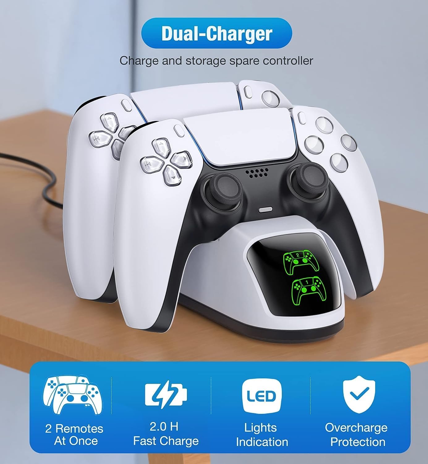 White PS5 DualSense Controller Charging Station with Dual Stand and Fast Charge Cable - Image 6