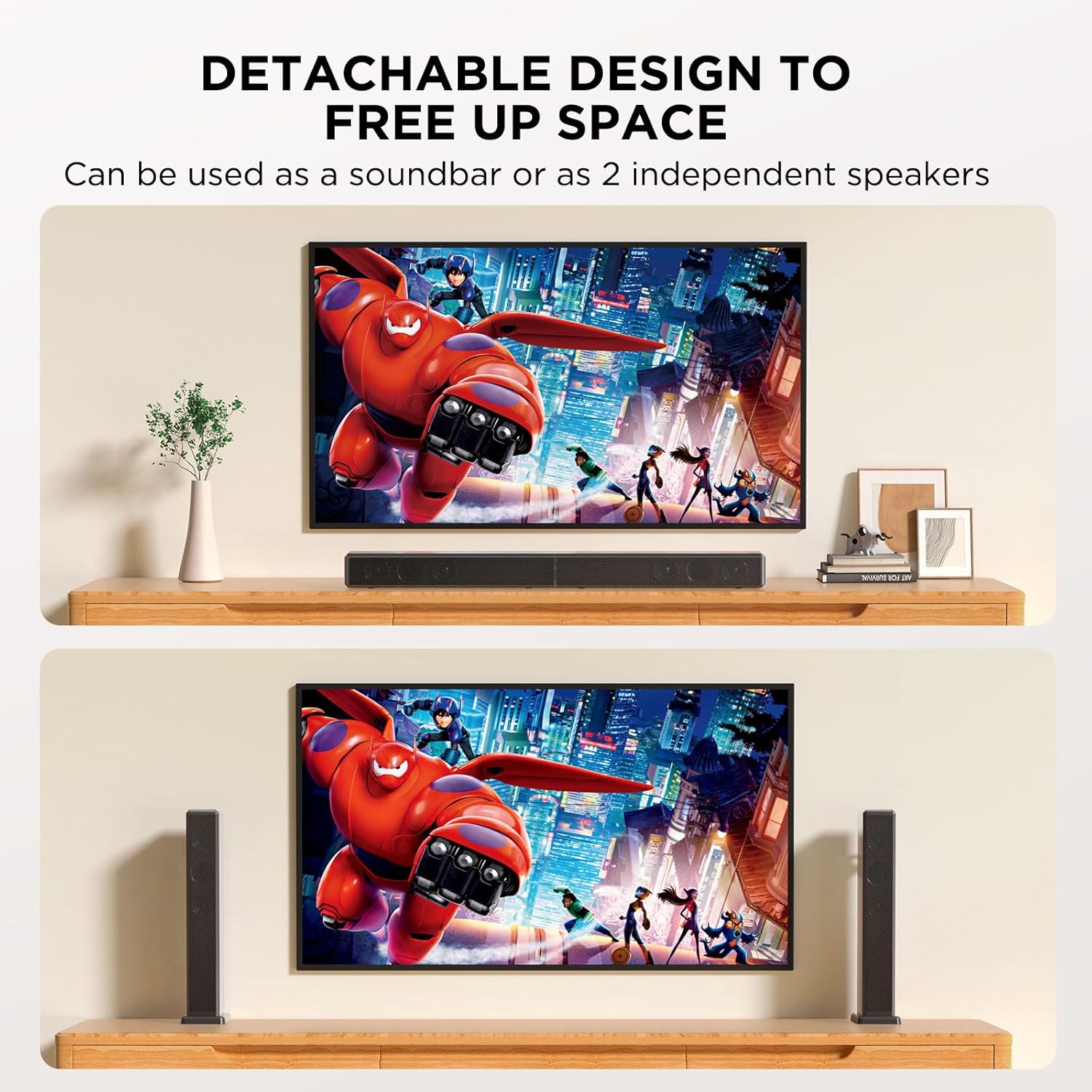 2.2ch 100W Smart TV Sound Bar 2-in-1 Detachable Bluetooth 5.3 Speaker 3 EQ Modes Adjustable Bass - Image 2