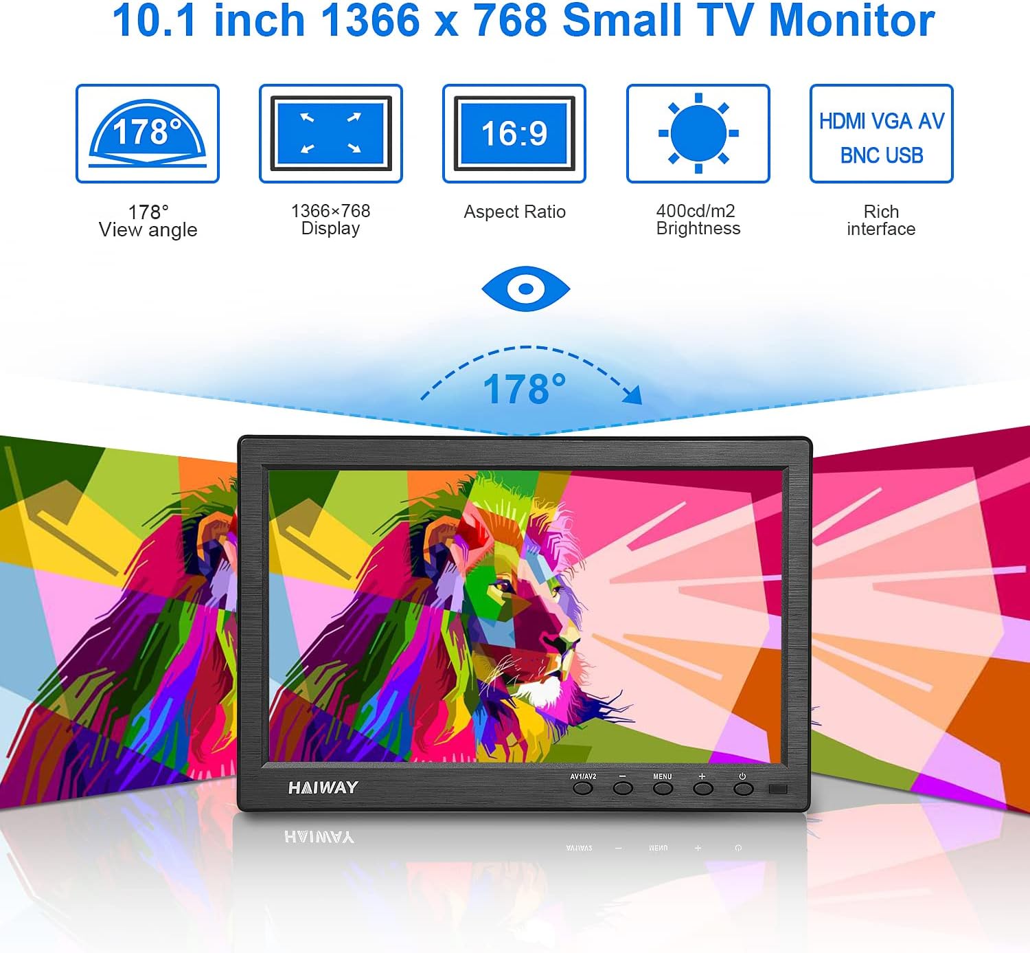 10.1 Inch Small HDMI Security Monitor 1366x768 with Remote Dual Speakers USB VGA BNC for PC Gaming - Image 2