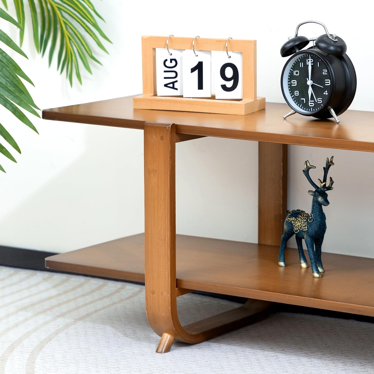 HollyHOME 55-inch Bamboo Modern TV Stand Walnut finish 2 Open Shelf Entertainment Center - Image 4