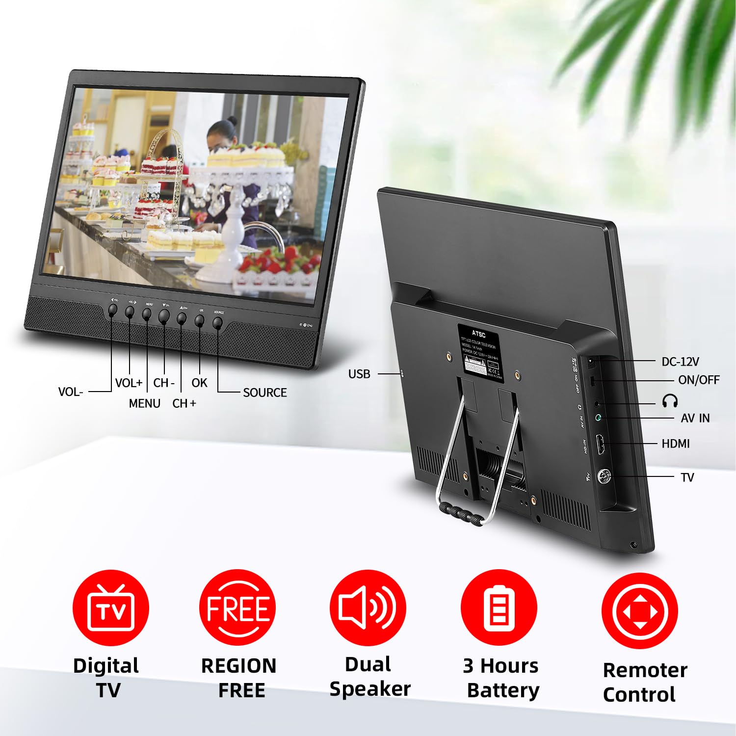14-inch Portable TV Small Screen with Antenna, HDMI, USB, AV, ATSC Tuner, Battery Operated, Car Cord - Image 3