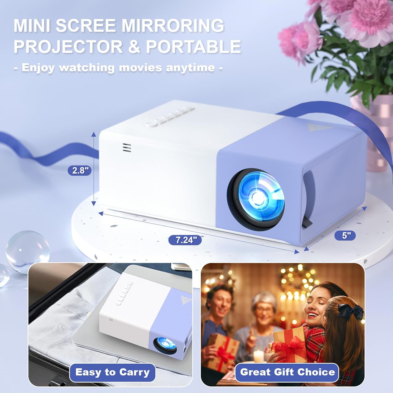 Portable WiFi 1080P HD Mini Projector Outdoor Movie Compatible with Phone Tablet Laptop TV Stick - Purple White - Image 4
