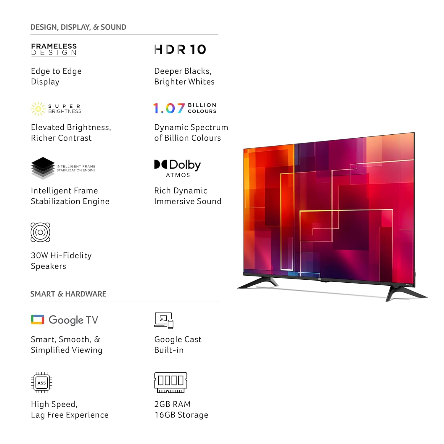 Acer 55 Inch 4K Ultra HD Smart Google LED TV AR55UDGGR2851AD - Image 2