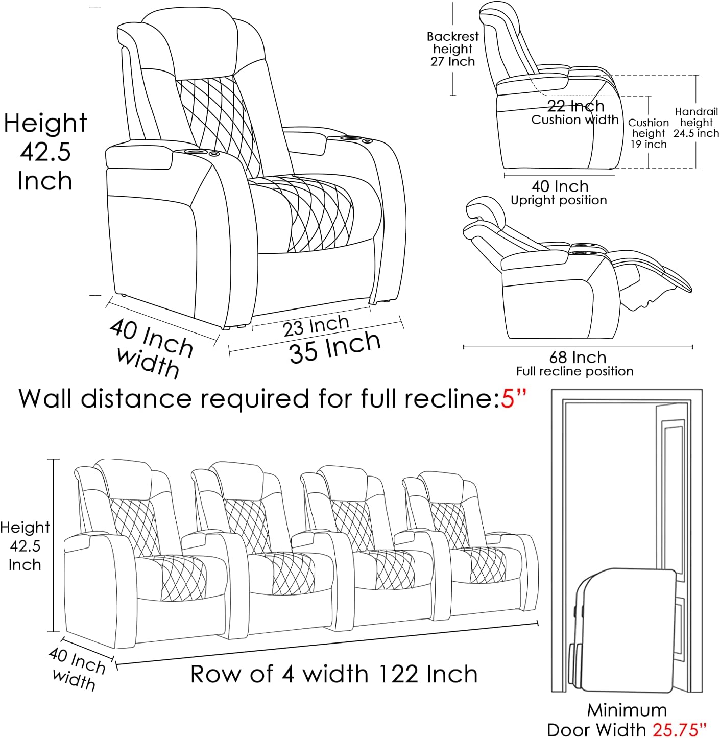 Black Top Grain Leather 4-Seat Home Theater Recliner Sofa with Power Headrest, Tray Table, and USB Charging - Image 3