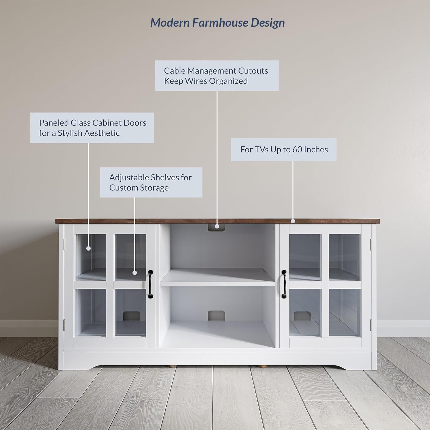BELLEZE Modern 52 Inch White Media Console Sideboard Buffet for TVs up to 55 Inch Wood Glass Storage - Image 3