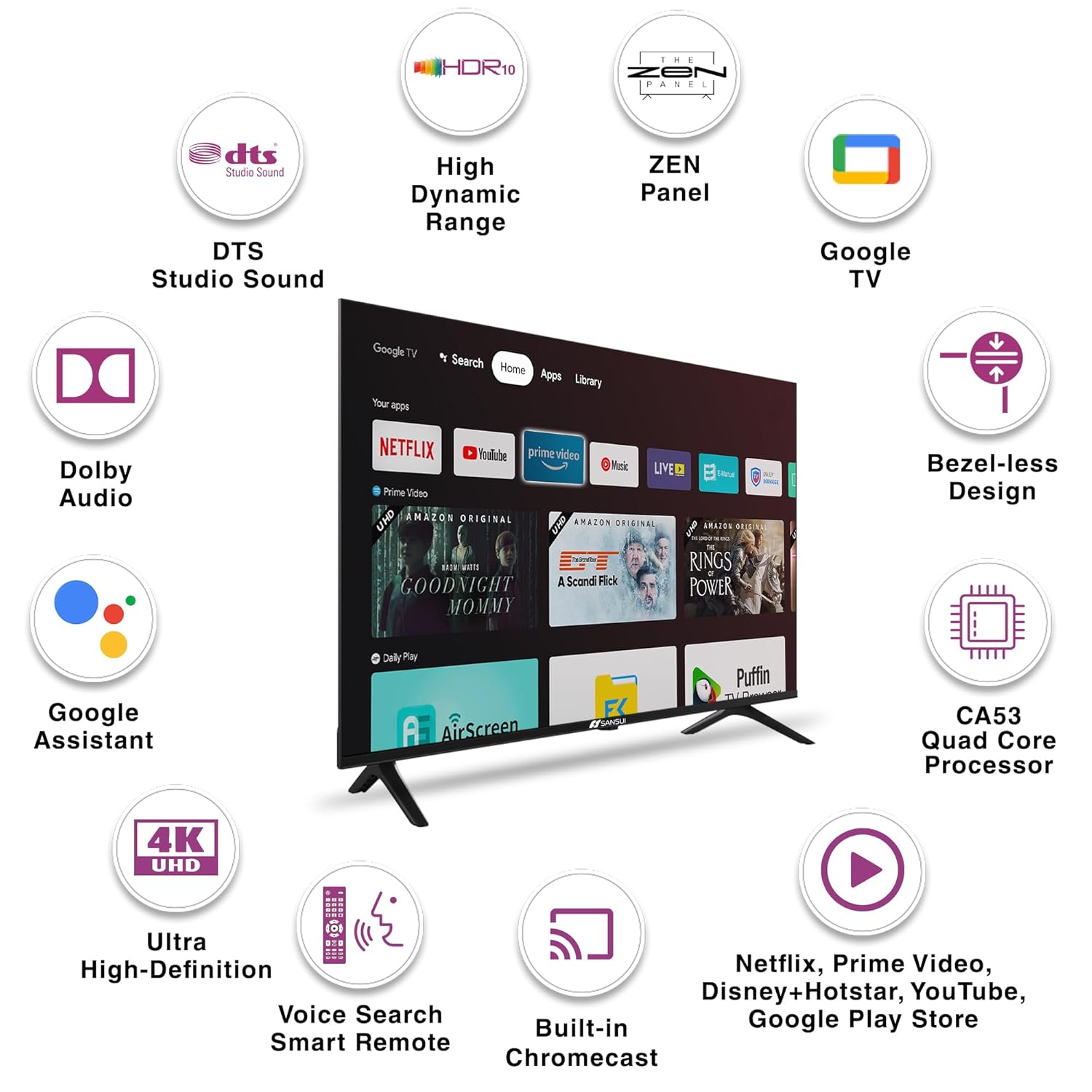 SANSUI 50 Inch 4K Ultra HD Smart Google LED TV with Dolby Audio Zen Panel Black - Image 7
