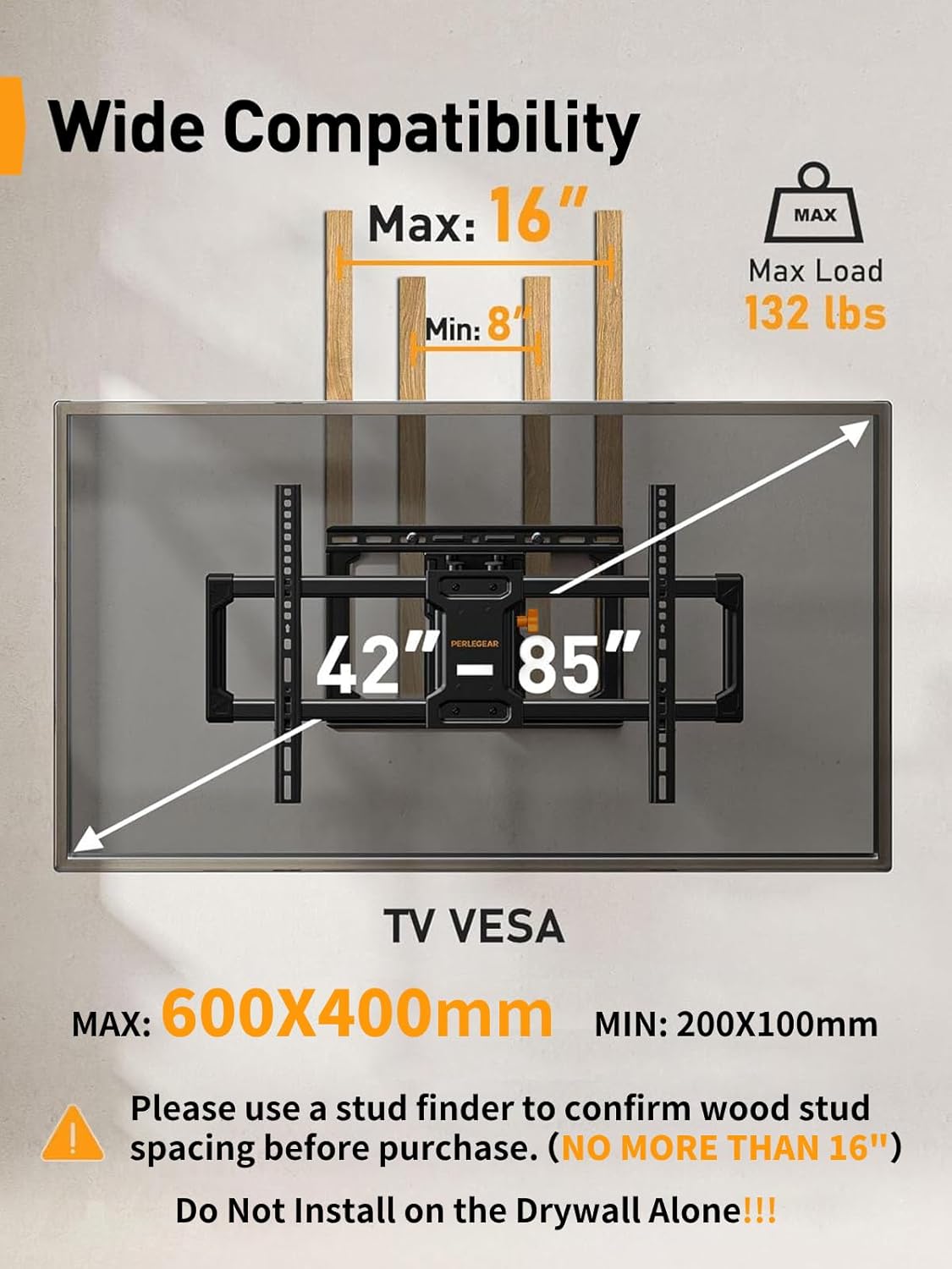 Perlegear Full Motion TV Wall Mount for 42-85 inch TVs, 132 lbs Capacity, Dual Arms, Tilt, Swivel, Extend, Leveling, Max VESA 600x400mm, PGLF8 - Image 2
