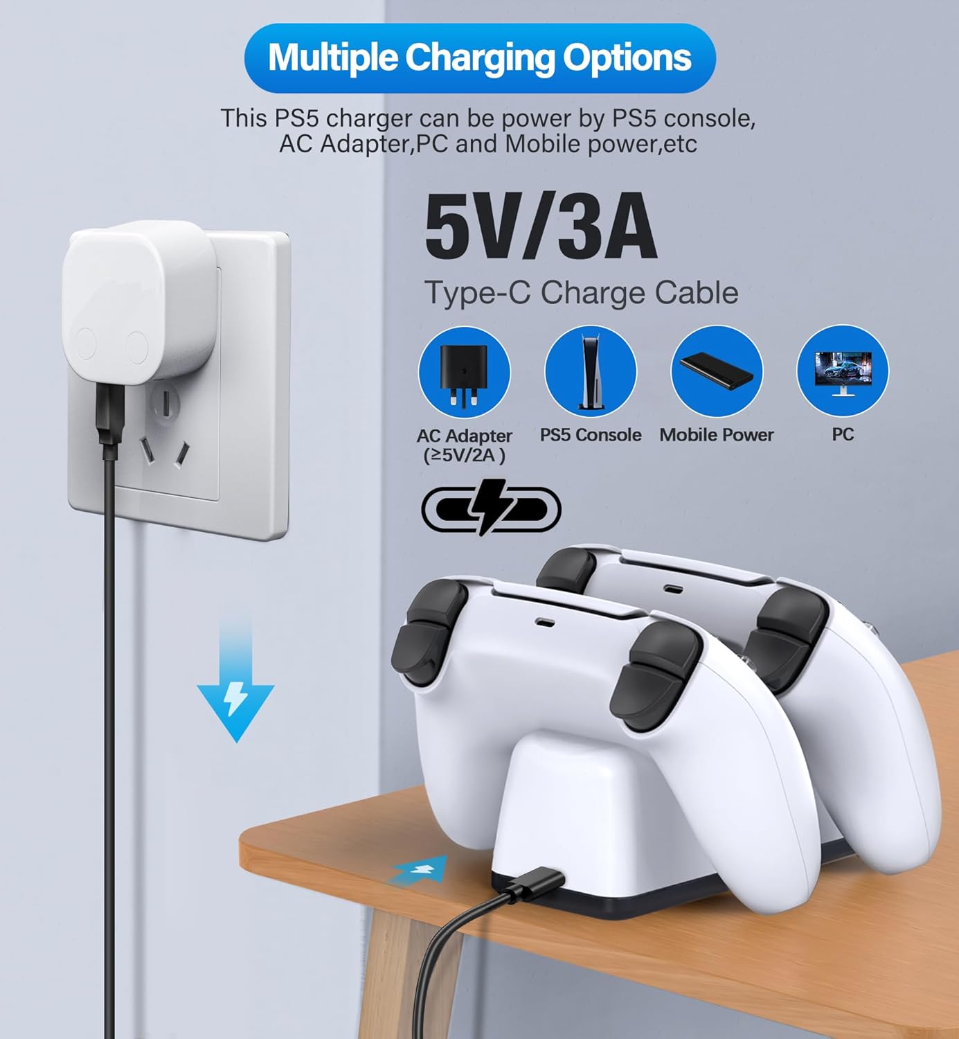 White PS5 DualSense Controller Charging Station with Dual Stand and Fast Charge Cable - Image 4