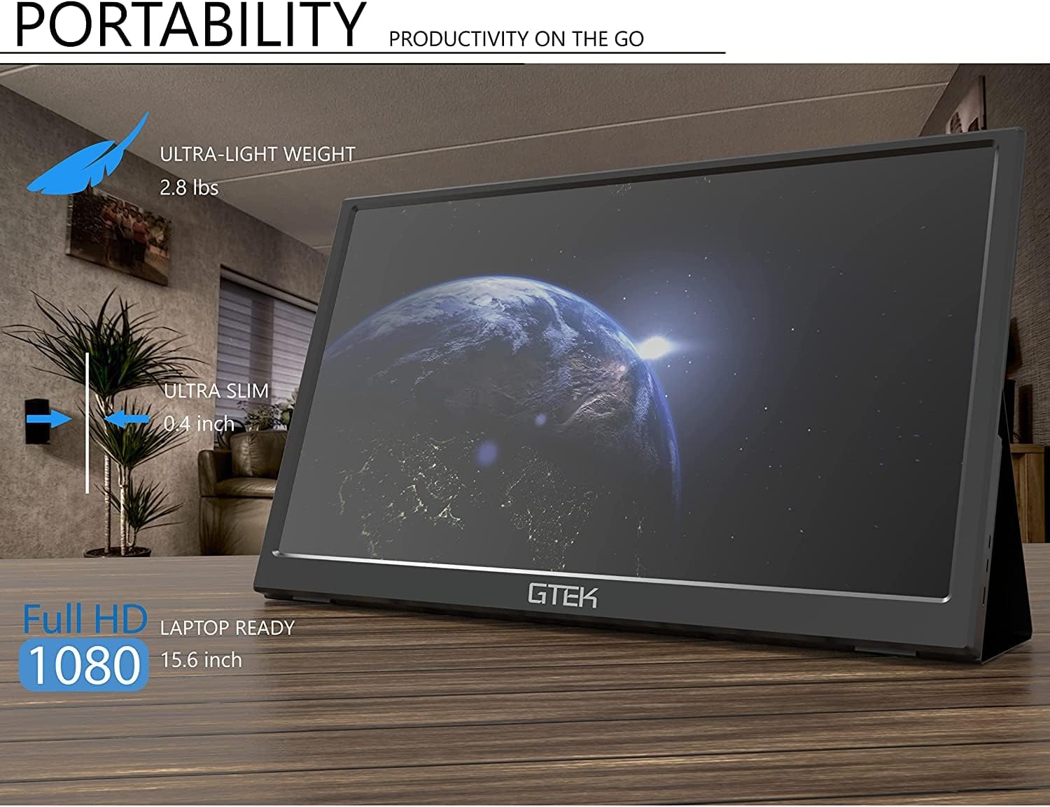 GTEK 15.8 Inch IPS Full HD Portable Monitor with Built-in Speaker Smart Cover - Image 4