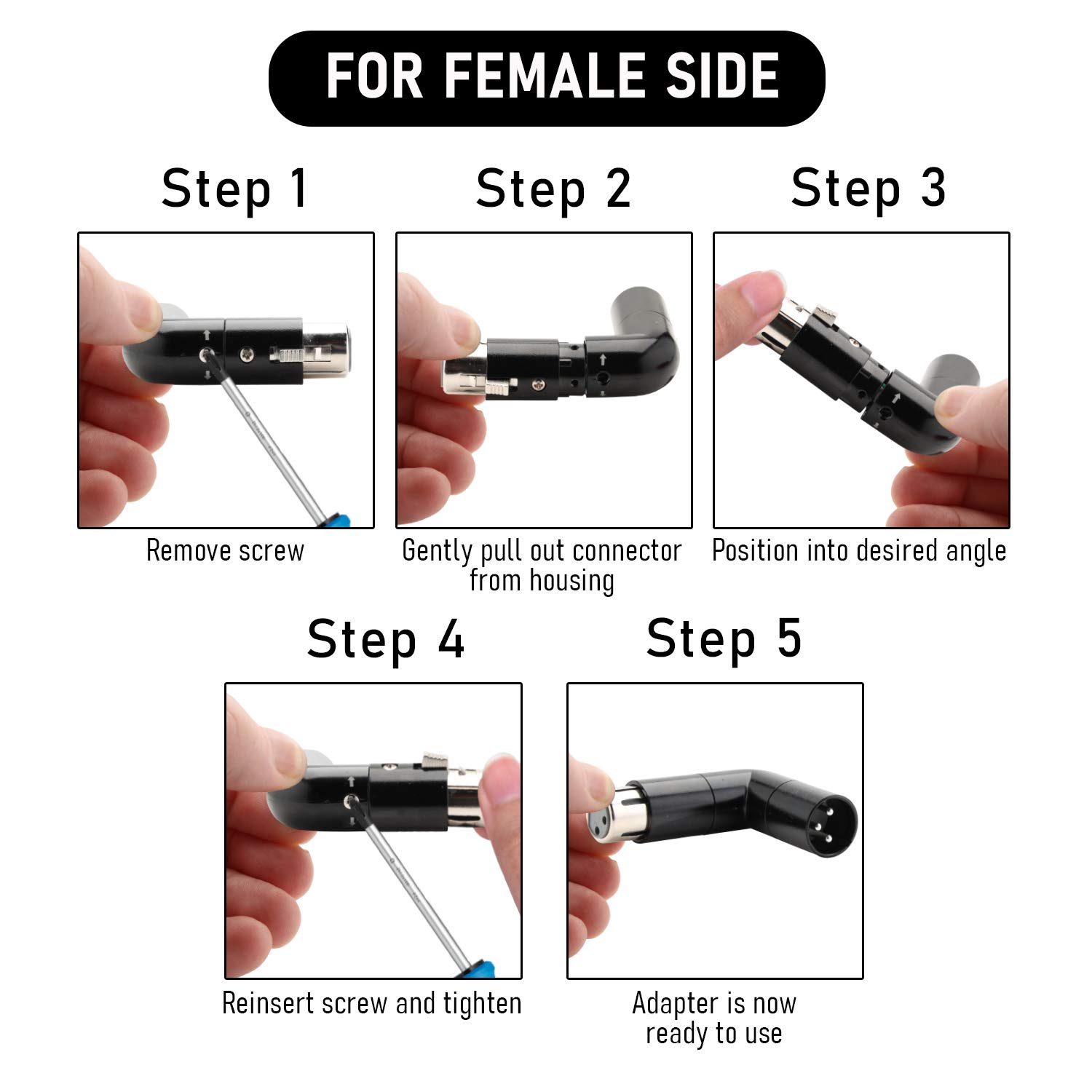 COLUBER CABLE 3-Pin XLR Angle Adapter, Dual Male Female L-Shape Metal Connector, 4 Positions for Microphones, Studio, Podcast Gear - Image 4