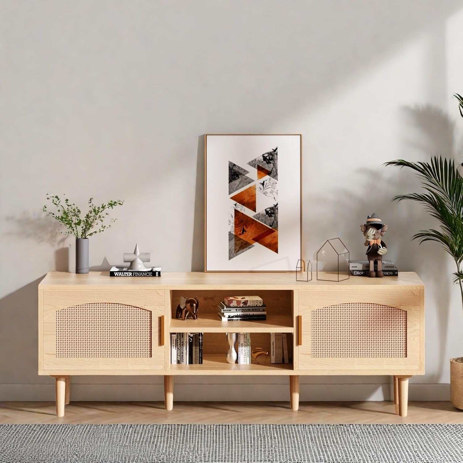 Natural Wood Fluted Entertainment Center TV Stand for TVs up to 60 Inches with Rattan Doors - Image 7