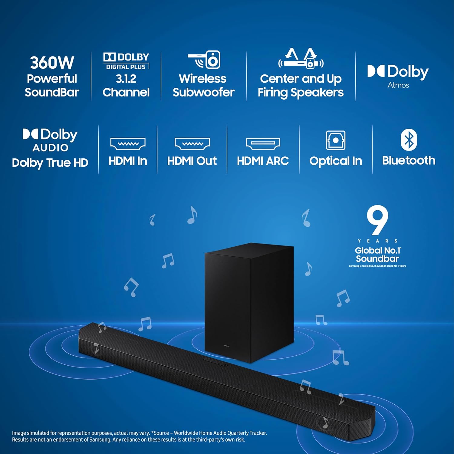 Samsung HW-Q600C XL 3.1.2 Channel Soundbar with Wireless Subwoofer, Dolby Atmos, Black - Image 2
