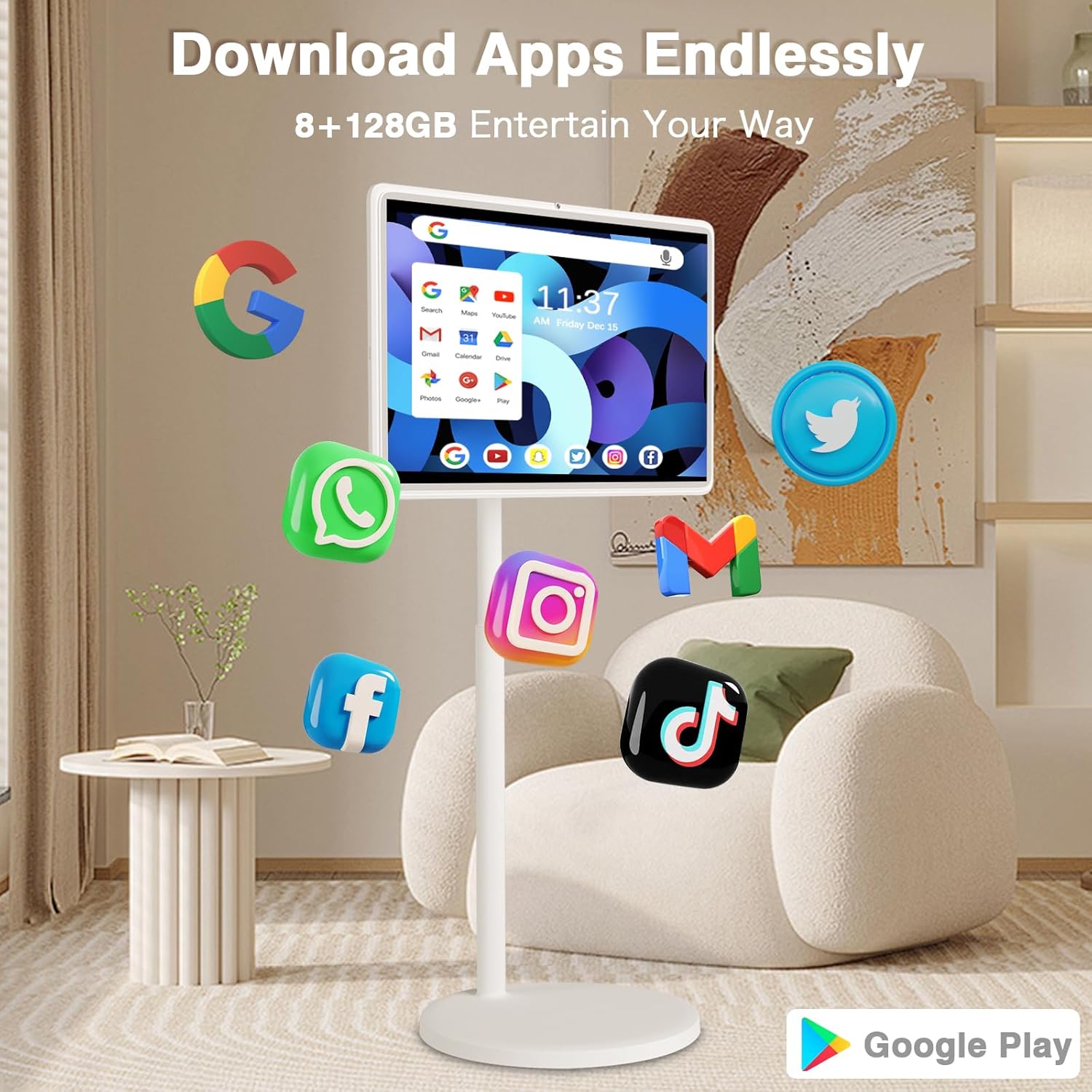 32 Inch Smart Rolling TV on Wheels 8+128GB Storage Built-in Battery for Portable Viewing - Image 2