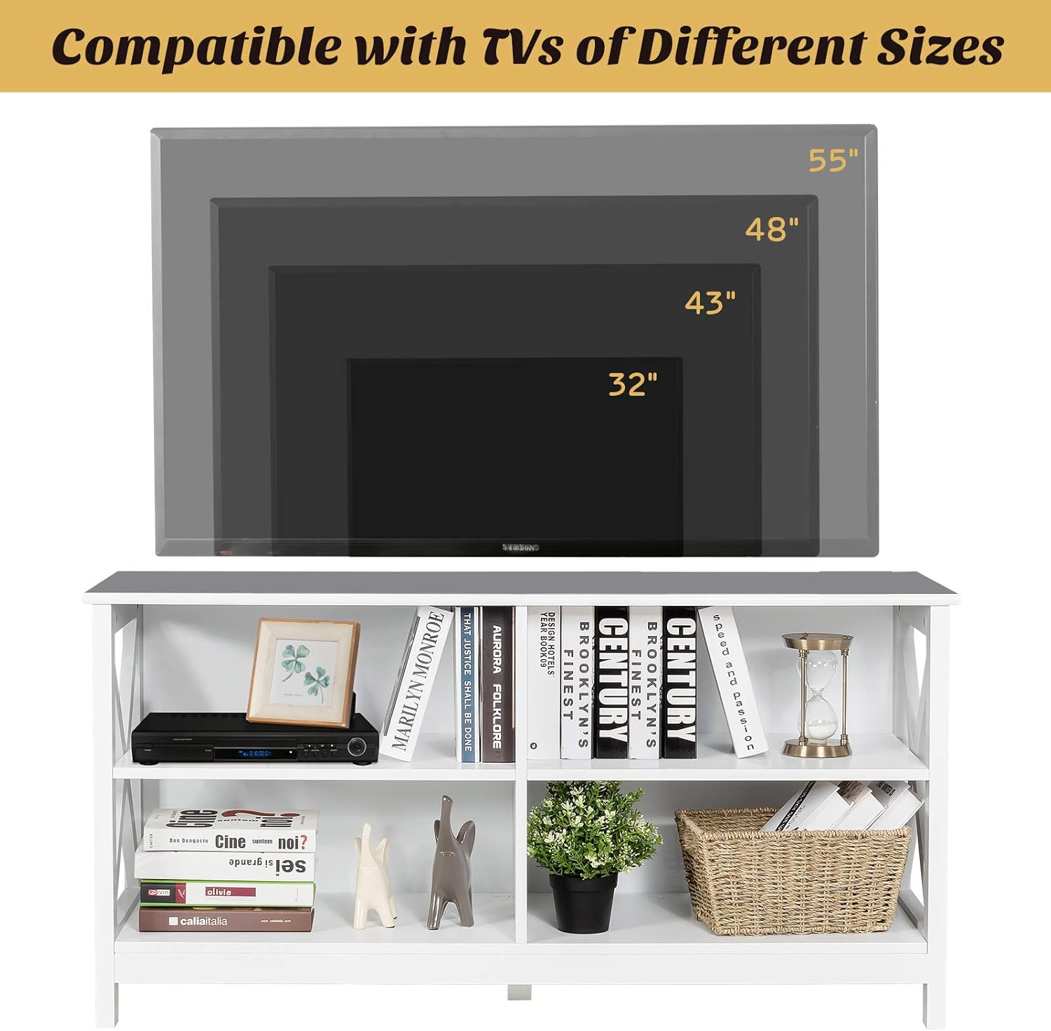 Tangkula White Farmhouse TV Stand Entertainment Center, 47 Inch, 4 Open Shelves, X-Frame - Image 5