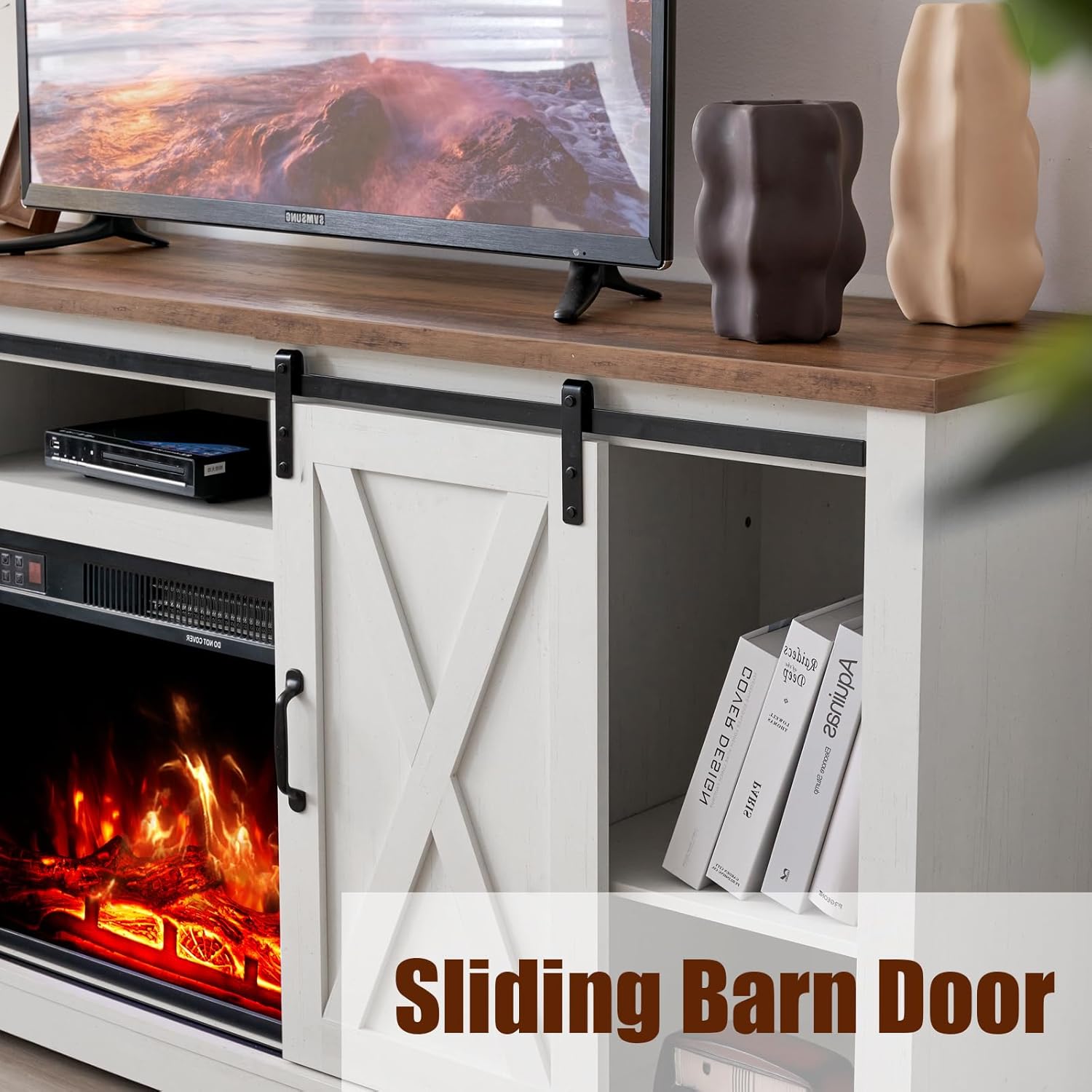 63-inch Farmhouse Fireplace TV Stand with Sliding Barn Door, Distressed White & Barnwood Finish, Holds TVs up to 73 Inches - Image 8