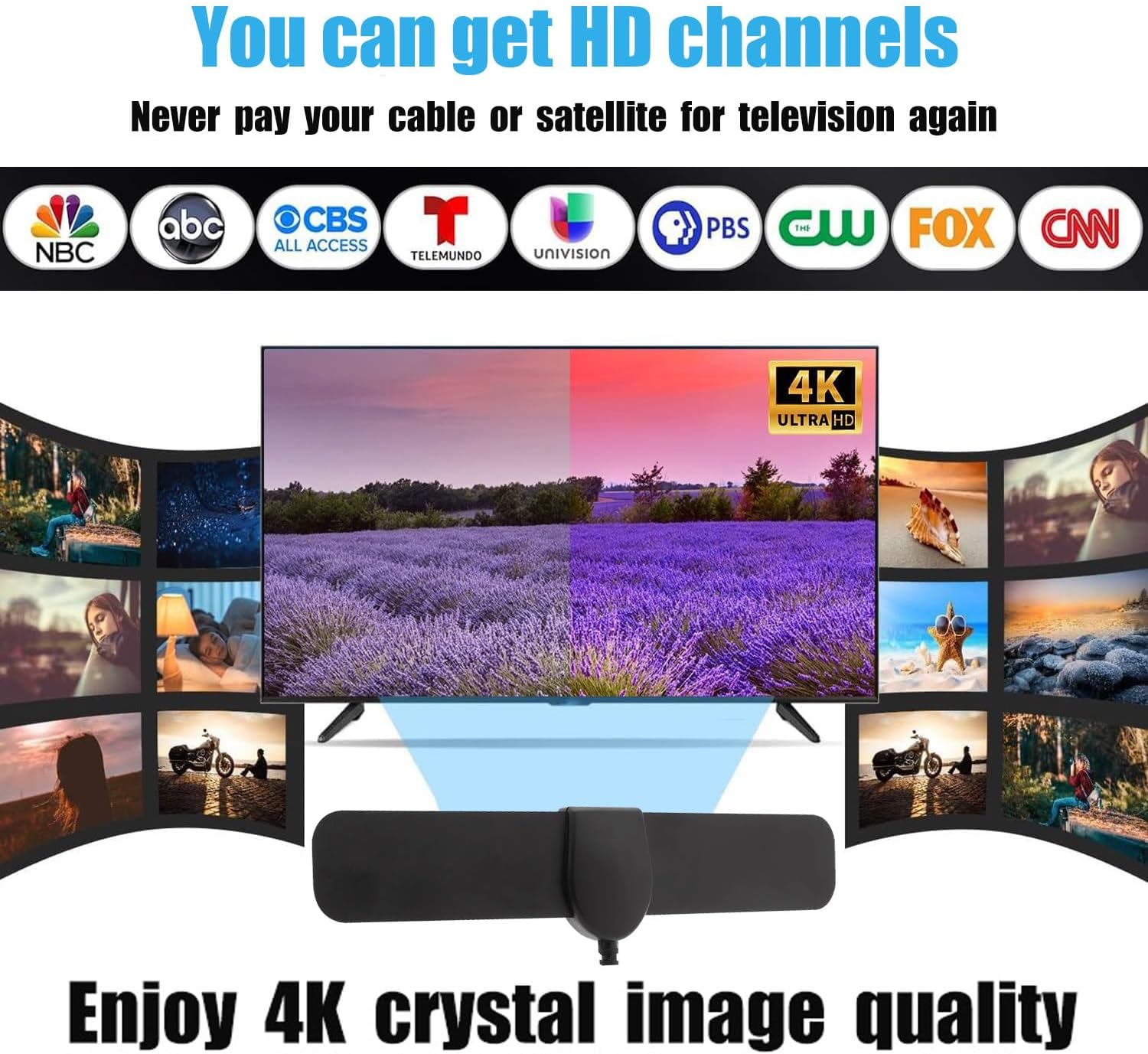 10ft Indoor Digital TV Antenna with 360° Reception, Signal Amplifier, and 4K/1080p Support - Image 4