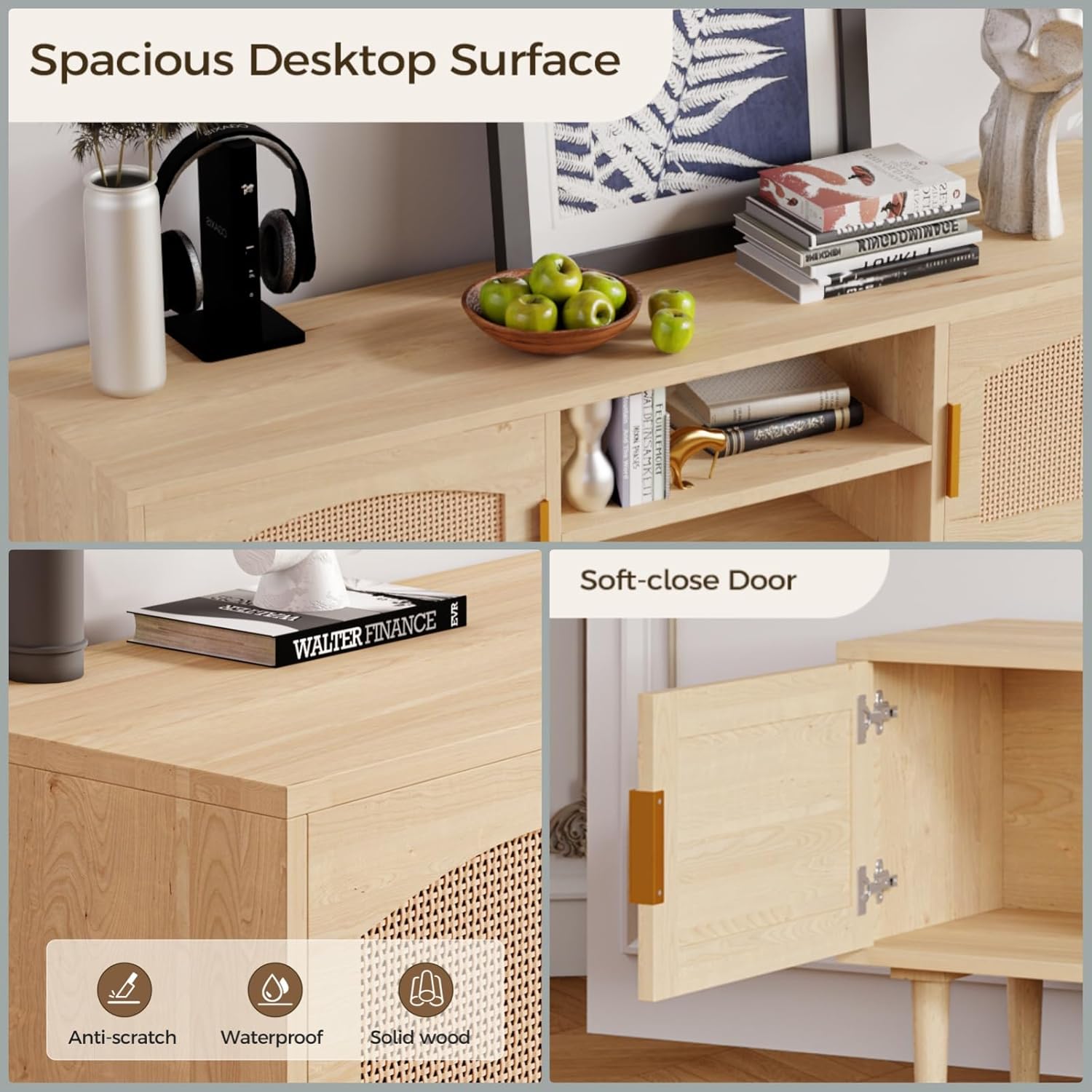 Natural Wood Fluted Entertainment Center TV Stand for TVs up to 60 Inches with Rattan Doors - Image 4