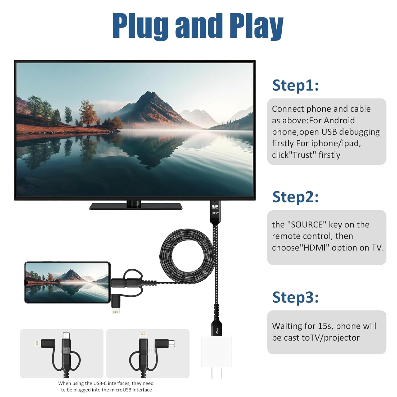 iPhone/Android USB-C to HDMI 1080P Adapter, Mirror to TV/Monitor, with Lightning/Micro USB, Portable Digital AV Converter - Image 3