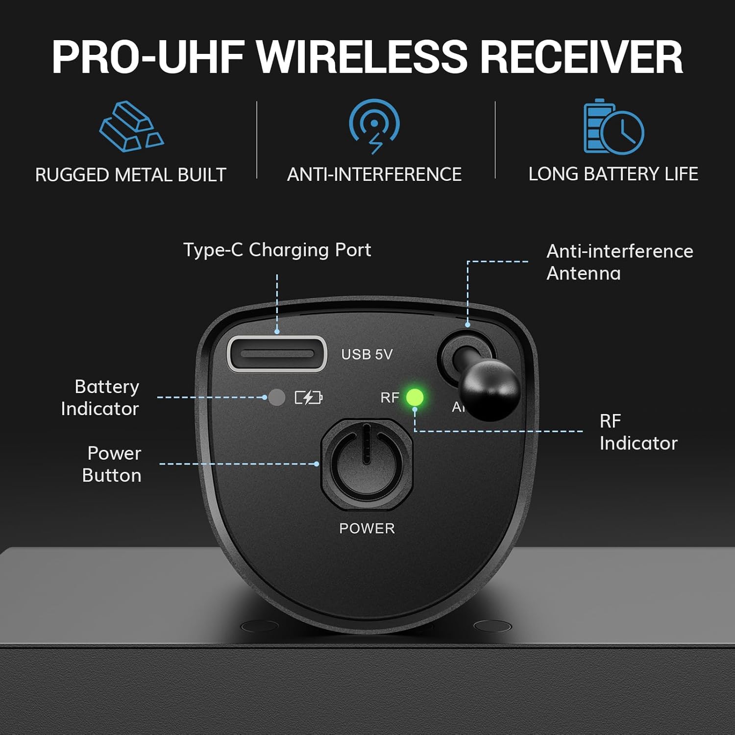 TONOR TW520 UHF Rechargeable Wireless Karaoke Microphone Set, 2x20 Channel Dynamic Mics, 262ft Range, Adjustable Volume - Image 8