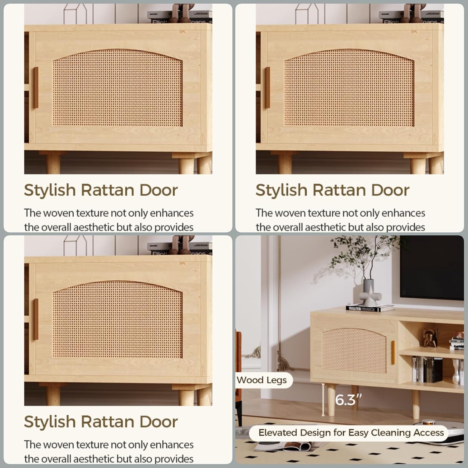 Natural Wood Fluted Entertainment Center TV Stand for TVs up to 60 Inches with Rattan Doors - Image 3