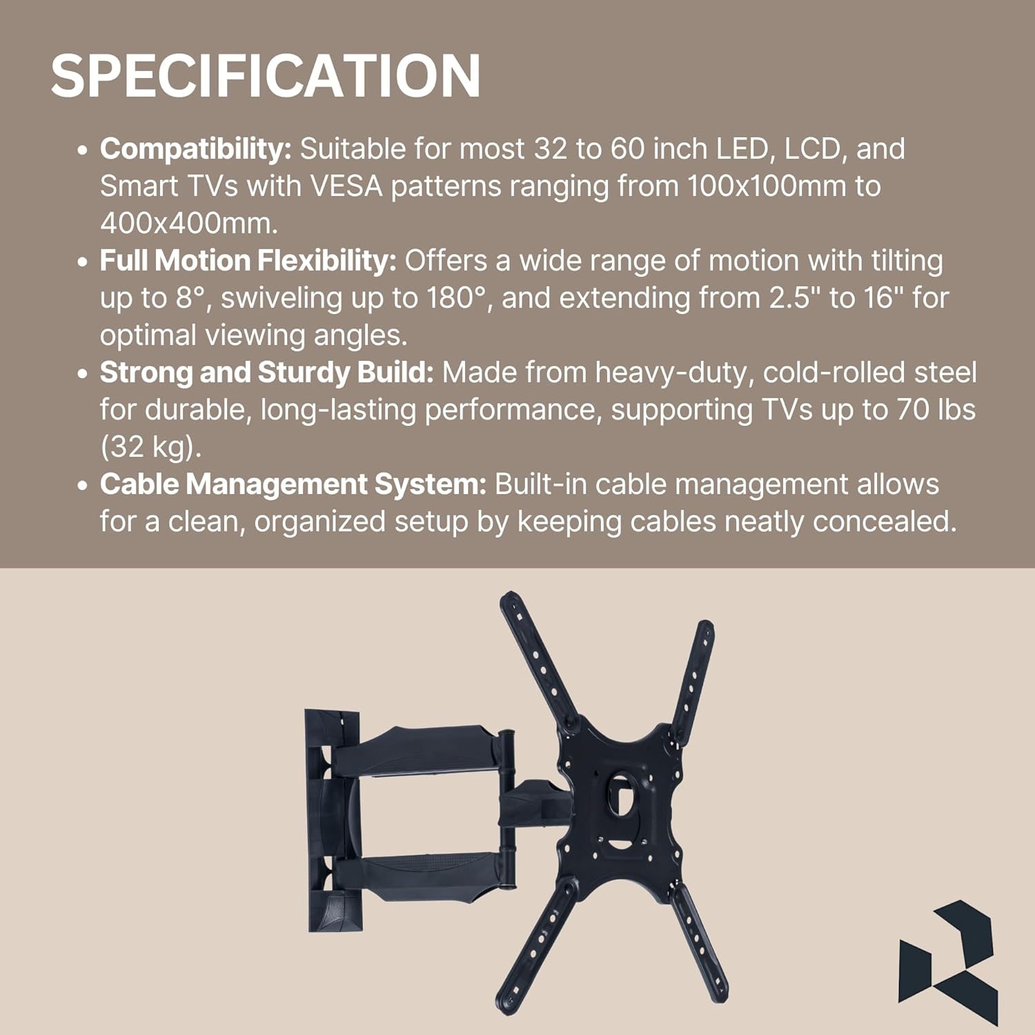 RISSACHI Heavy-Duty Adjustable Movable TV Wall Mount for 32-60 Inch LED/LCD Monitors - Image 4