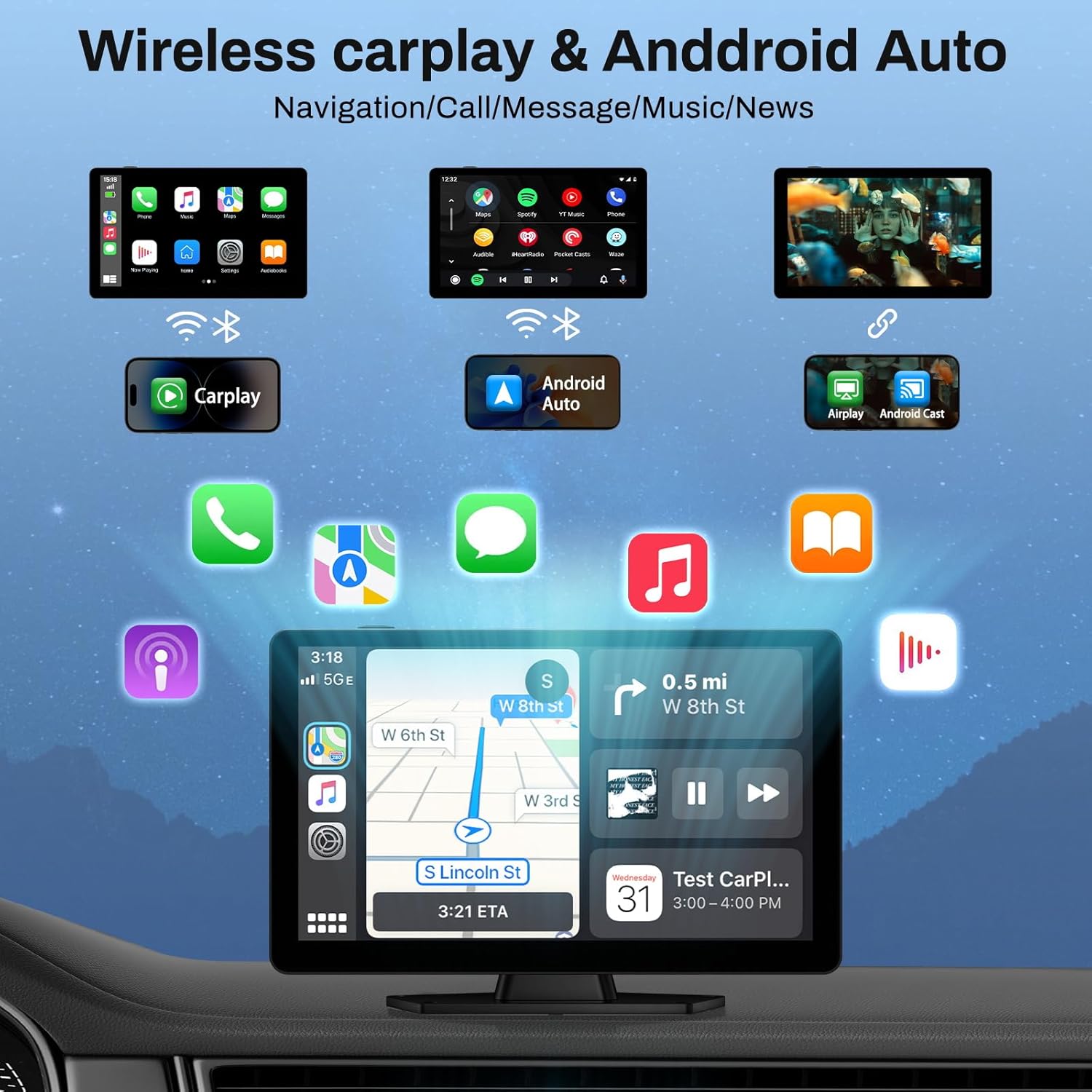 9 Inch Portable Wireless Carplay Android Auto Touchscreen with 4K Dash Cam & 1080p Backup Camera - Image 2