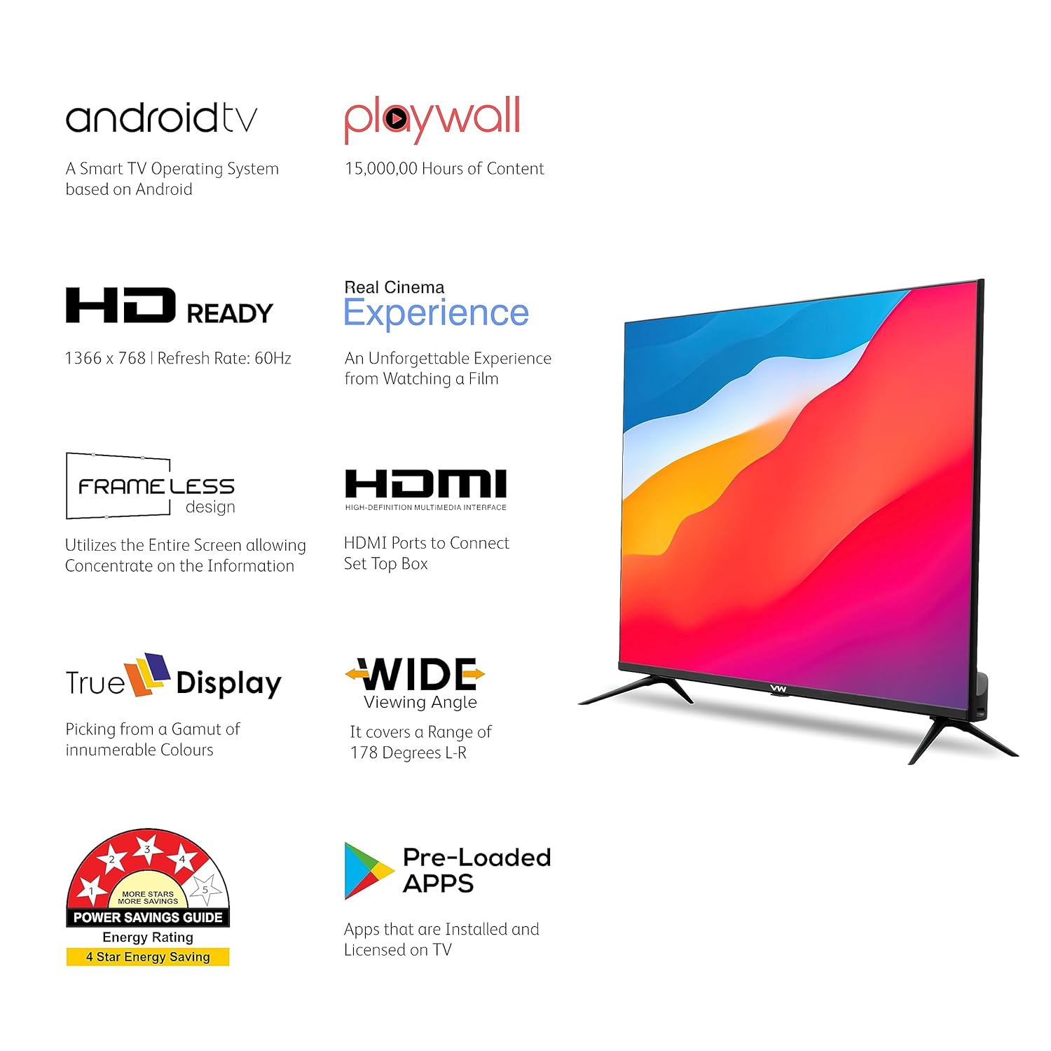 80 cm (32 inch) Black Frameless HD Ready Android Smart LED TV VW3251 - Image 2
