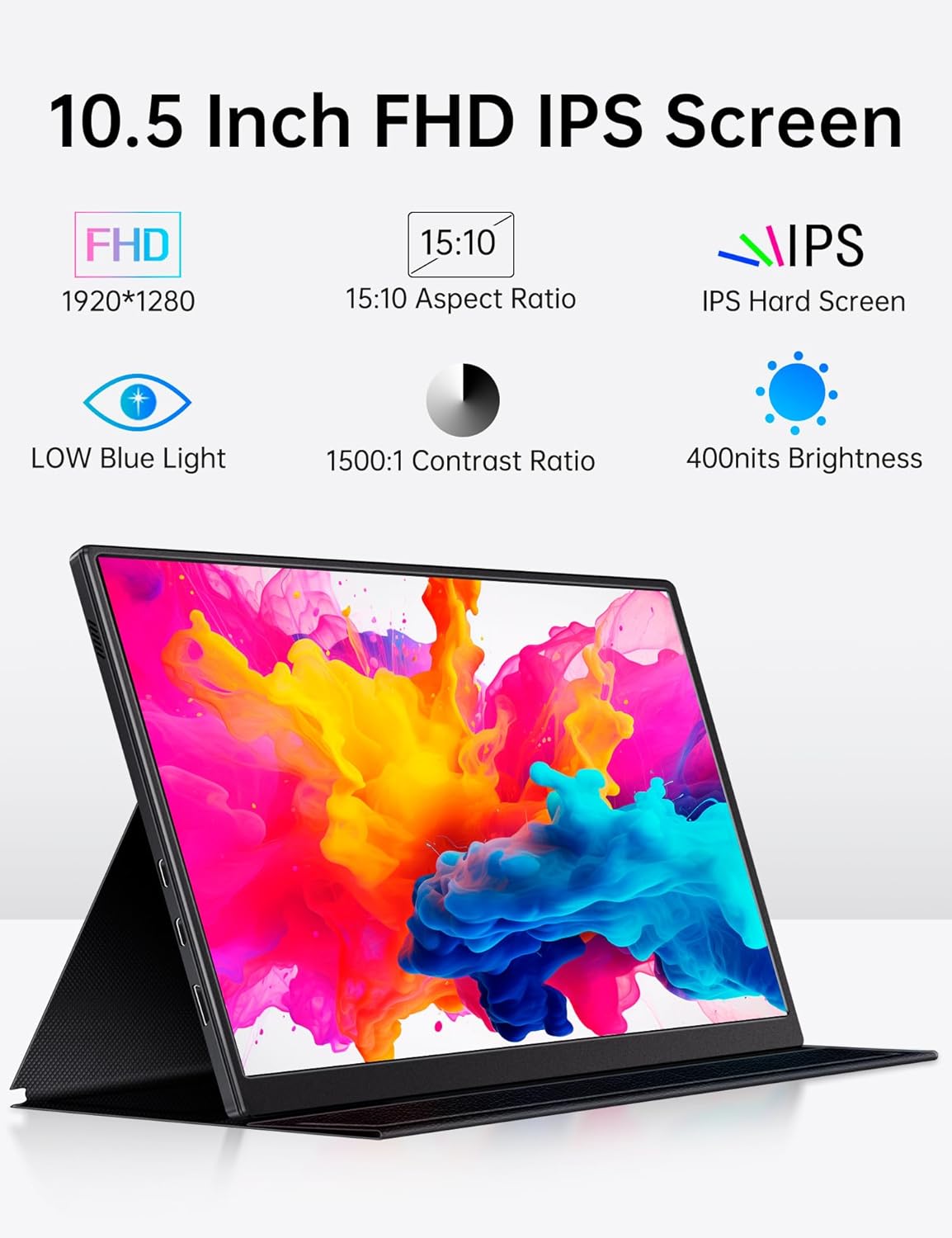 10.5" FHD 1920x1280 Portable Monitor 400Nits Eye Care HDR Gaming Display with Smart Cover and Speaker - Image 2