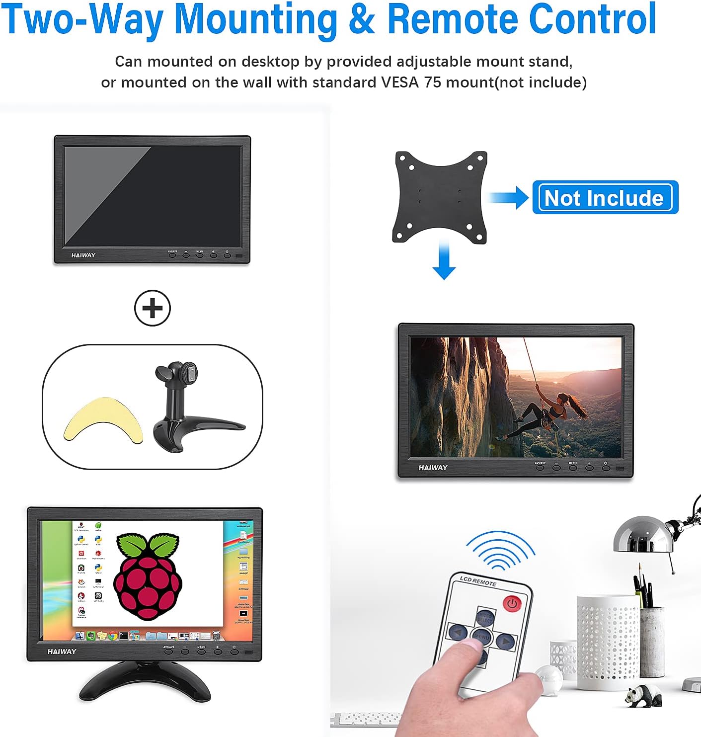 10.1 Inch Small HDMI Security Monitor 1366x768 with Remote Dual Speakers USB VGA BNC for PC Gaming - Image 4