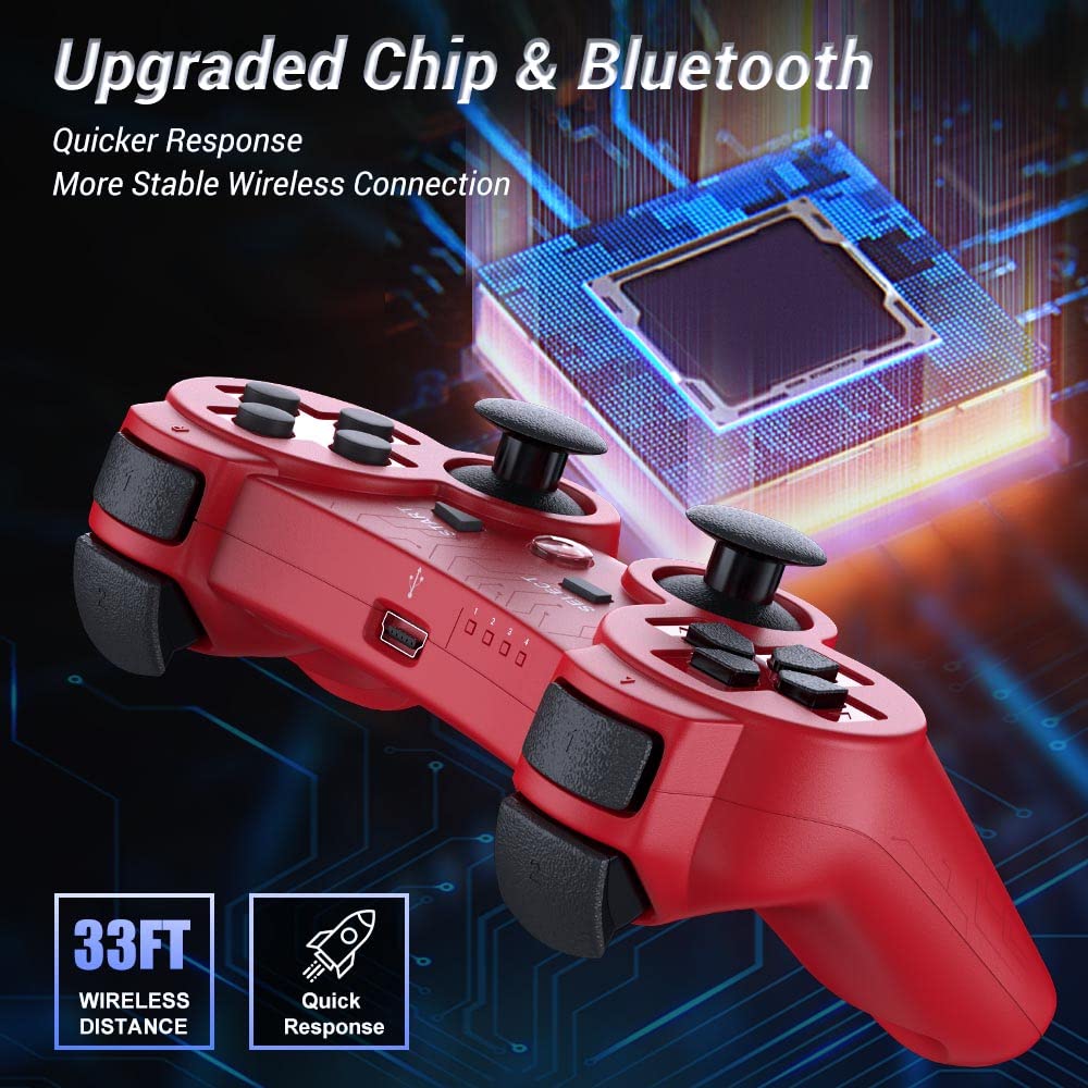 OKHAHA 2 Pack PS3 Wireless Controllers for Sony Playstation 3 Double Shock 3 Rechargeable Motion Sensor Remote Blue Red Stripes - Image 3