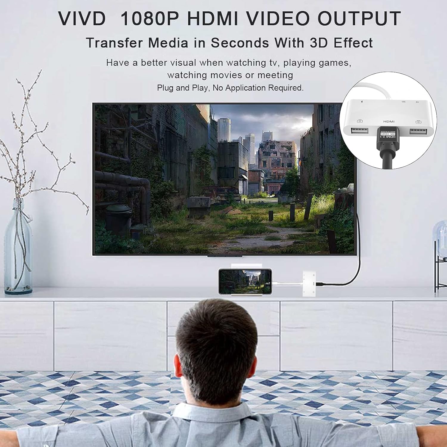 6-in-1 Lightning to HDMI Adapter for iPhone with TF/SD Card Reader, Charging Port, USB-C Hub for TV/Monitor - Image 3