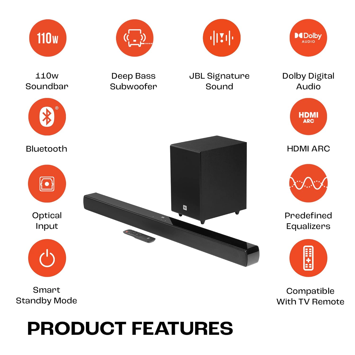 JBL Cinema SB241 110W 2.1 Channel Soundbar with Wired Subwoofer Bluetooth HDMI ARC - Image 2
