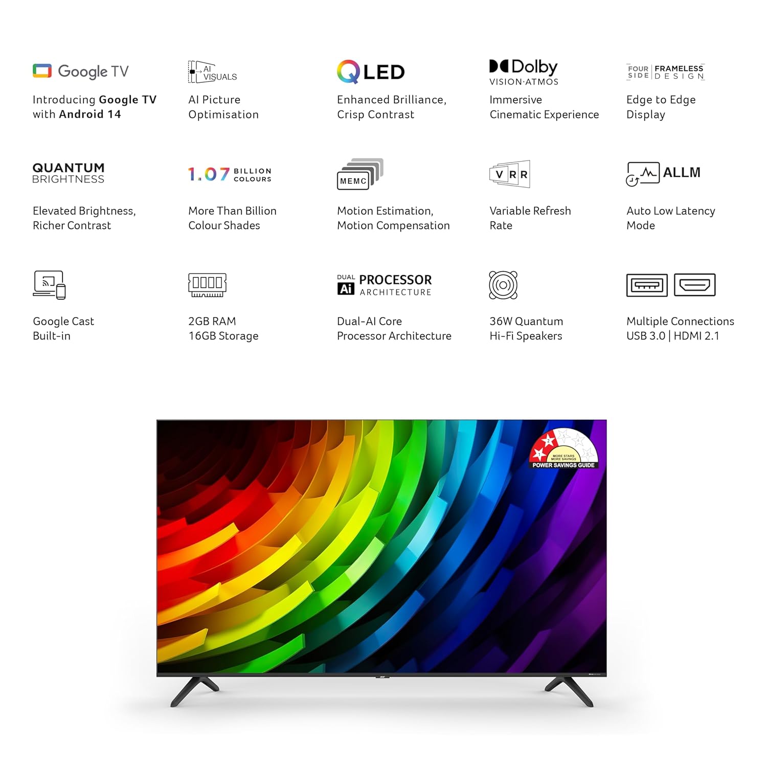 Acer 50 Inch 126cm 4K Ultra HD Smart QLED Google TV AR50QDQGR2851AD New - Image 2