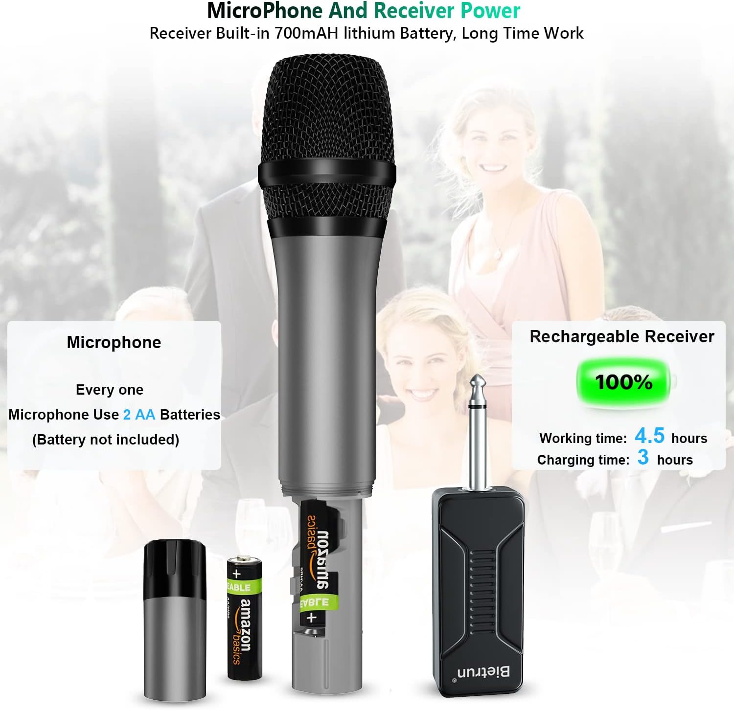 Bietrun Dual UHF Wireless Handheld Microphone System Set with Rechargeable Receiver 1/4 Inch Output - Image 3