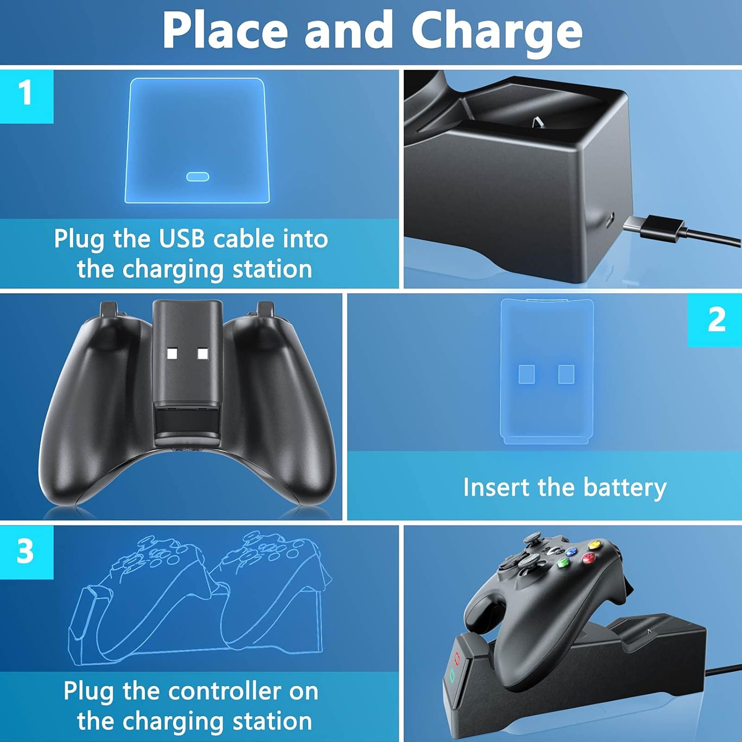 BOFFO Dual Controller Charger Dock for Xbox 360 with 2x 1200mAh Rechargeable Batteries and Charging Cable - Image 6