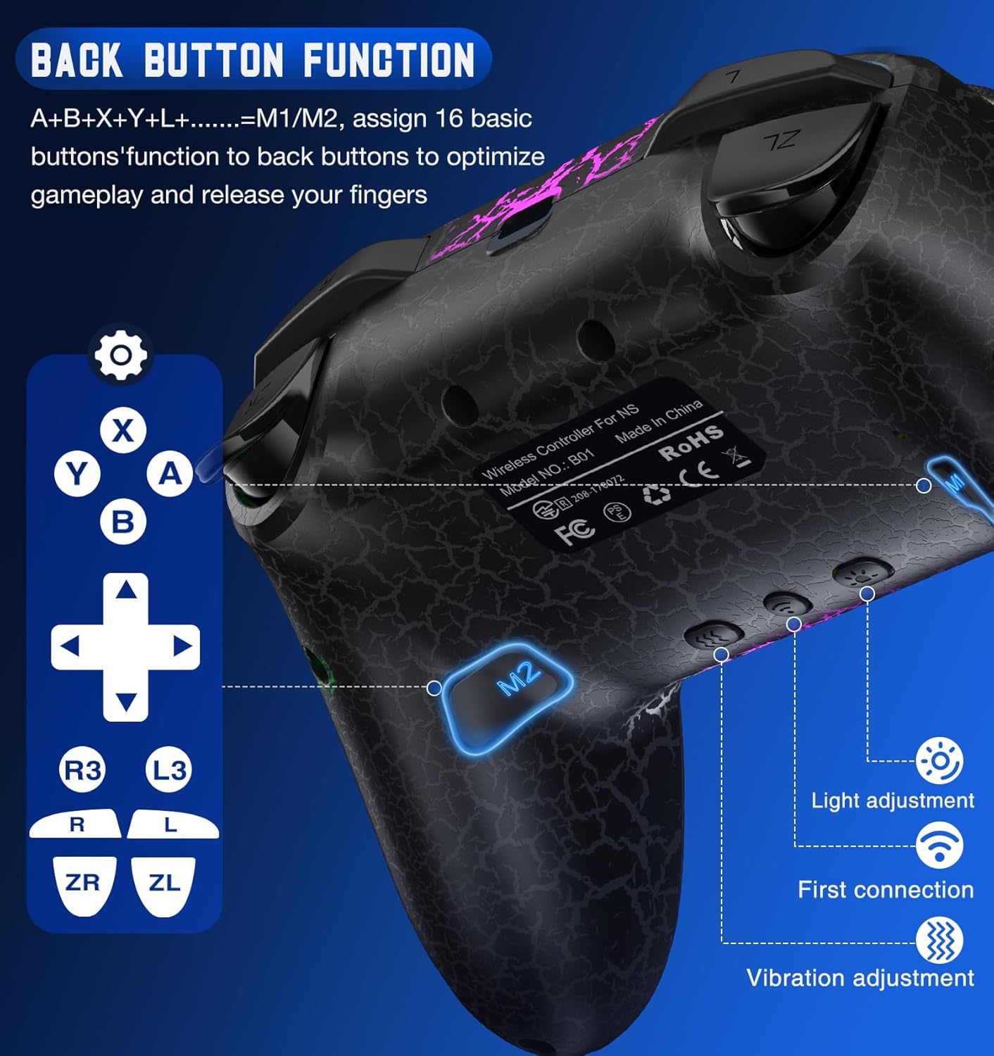 Gammeefy Wireless Switch Pro Controller with 9 Color Adjustable LEDs for Nintendo Switch OLED Lite PC - Image 3
