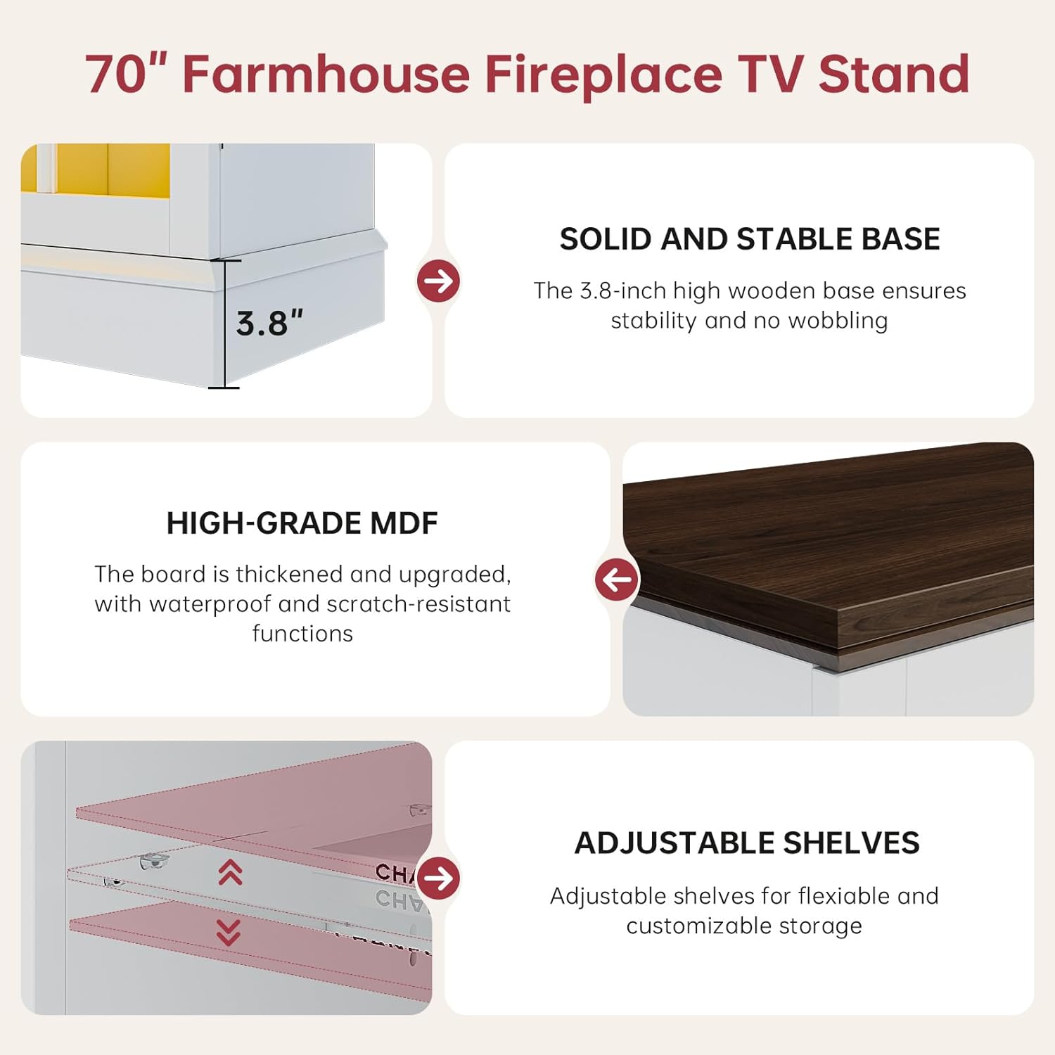 oneinmil 70 Inch Farmhouse White Fireplace TV Stand with 36 Inch Electric Fireplace and LED Lights - Image 7
