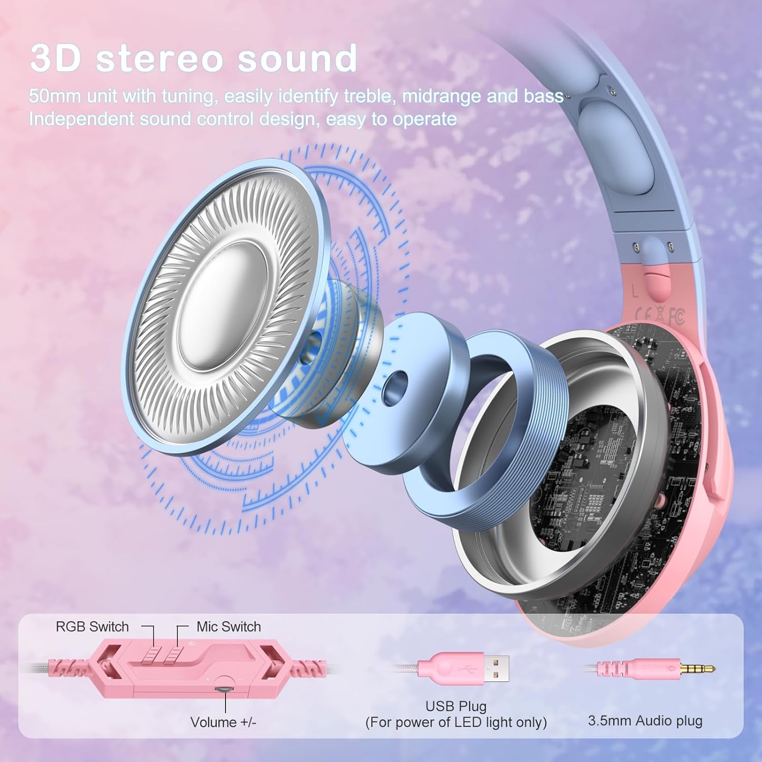 PHNIXGAM Gradient Pink Blue Cat Ear Gaming Headset for PS5, PS4, Xbox One with RGB Backlight and Retractable Microphone - Image 5