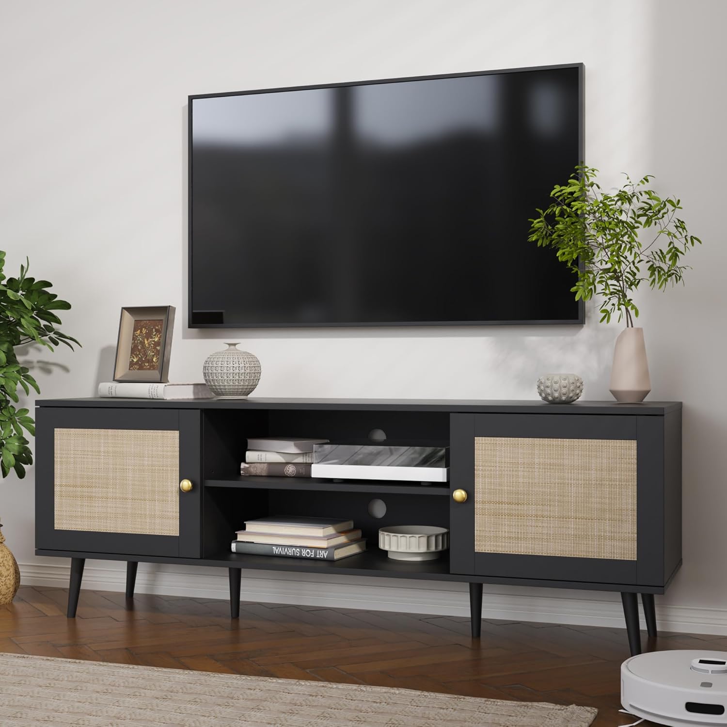 Black 59 Inch Rattan TV Stand for 55-70 Inch TVs, Boho Media Console with Storage and Adjustable Shelf - Image 5