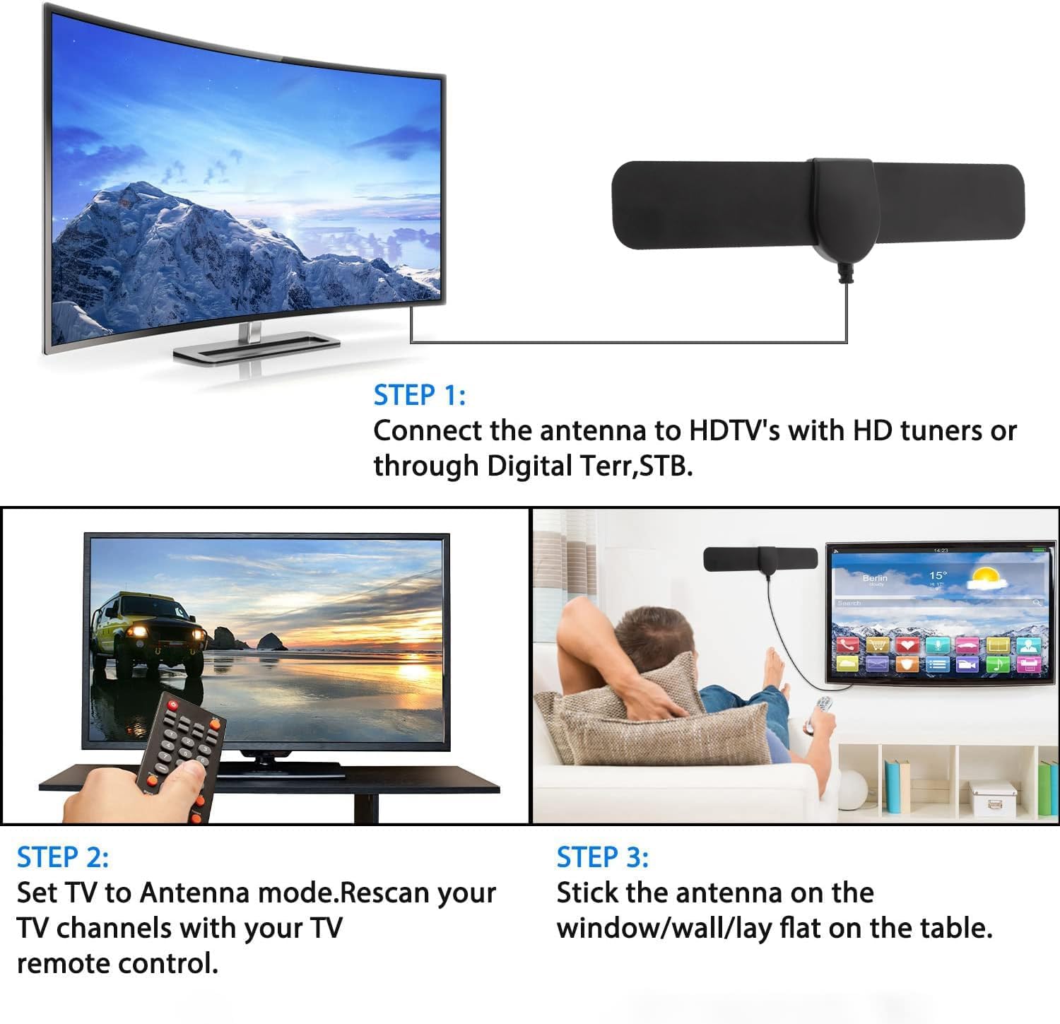 10ft Indoor Digital TV Antenna with 360° Reception, Signal Amplifier, and 4K/1080p Support - Image 2