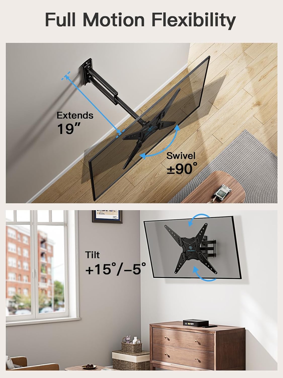 PERLESMITH Full Motion TV Wall Mount for 26-60 Inch TVs, Articulating Arms, Tilt, Swivel, Extension, VESA 400x400, Max 77 lbs - Image 4