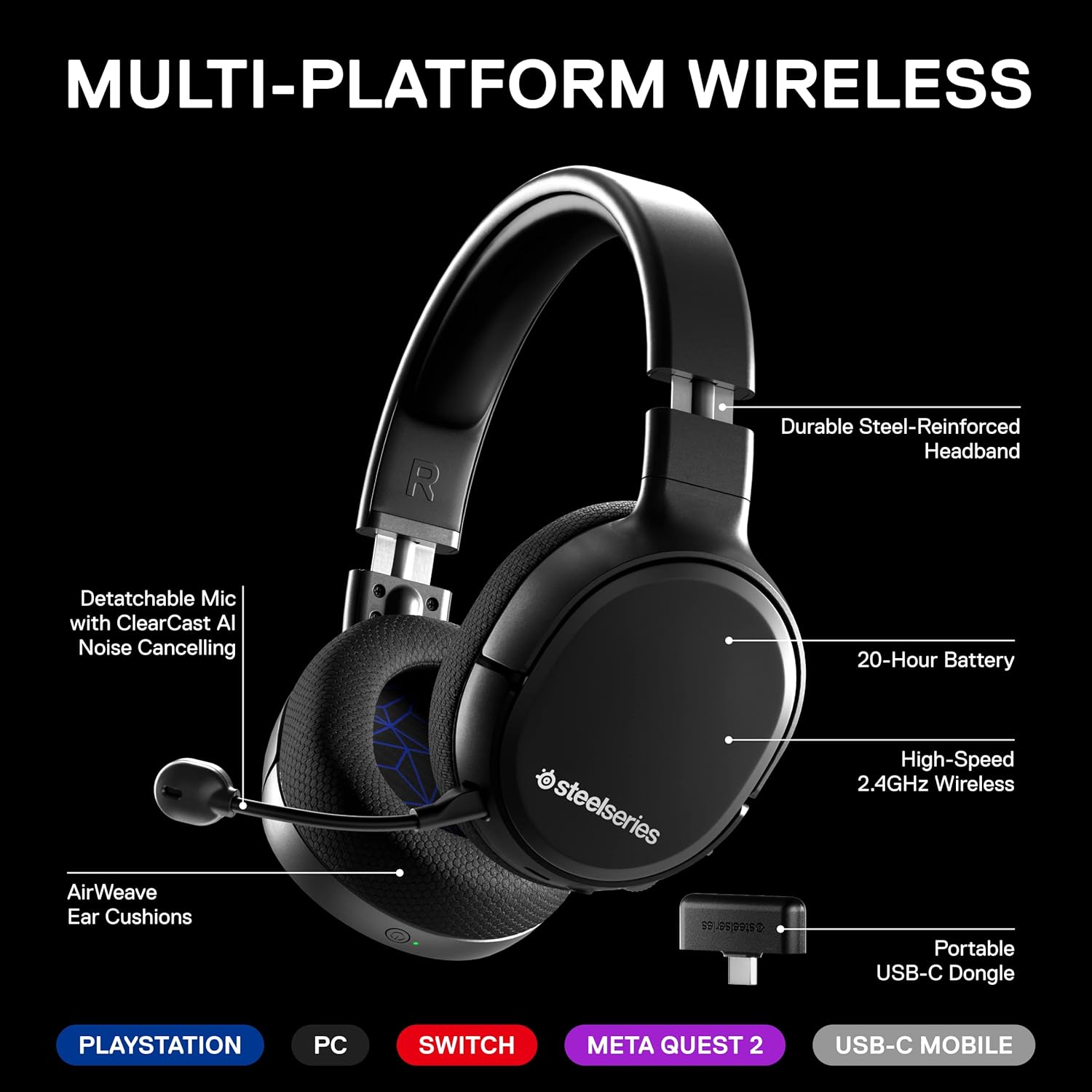 SteelSeries Arctis 1 Wireless Gaming Headset USB-C Black for PS5 PS4 Switch PC Android - Image 3