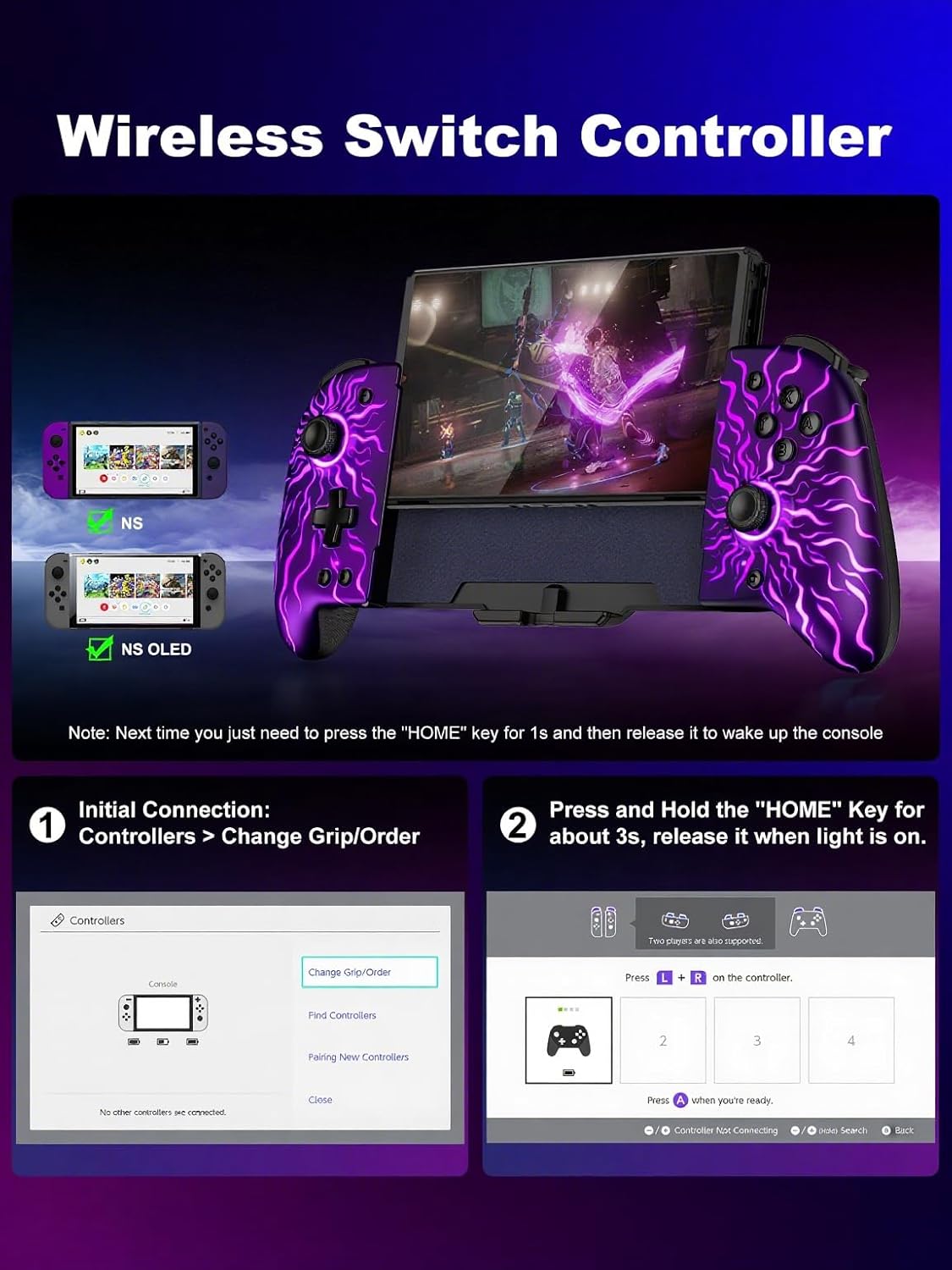 Wireless Hall Effect Joystick Controller for Nintendo Switch/OLED, One-Piece Ergonomic Handheld with Turbo and Macro, Flame Pattern - Image 4