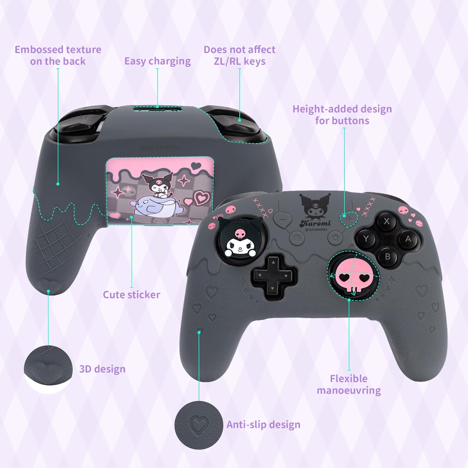 Cute Sanrio Skull Troublemaker Rabbit Silicone Controller Skin for Nintendo Switch Pro, Includes Touch Pad Sticker and Thumb Grip Caps - Image 4