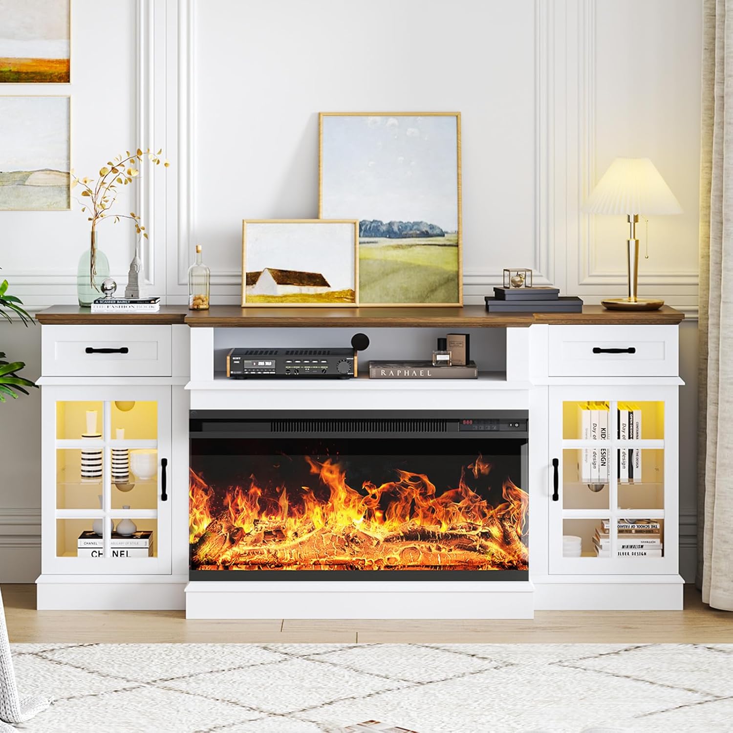oneinmil 70 Inch Farmhouse White Fireplace TV Stand with 36 Inch Electric Fireplace and LED Lights - Image 2