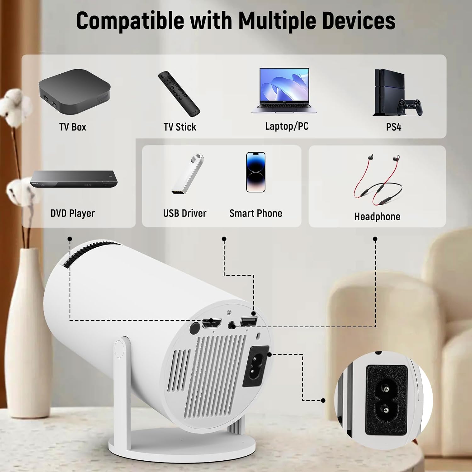 Portable Wifi 6 Bluetooth 5.4 Mini Projector 4K 1080P 130" Screen White - Image 7