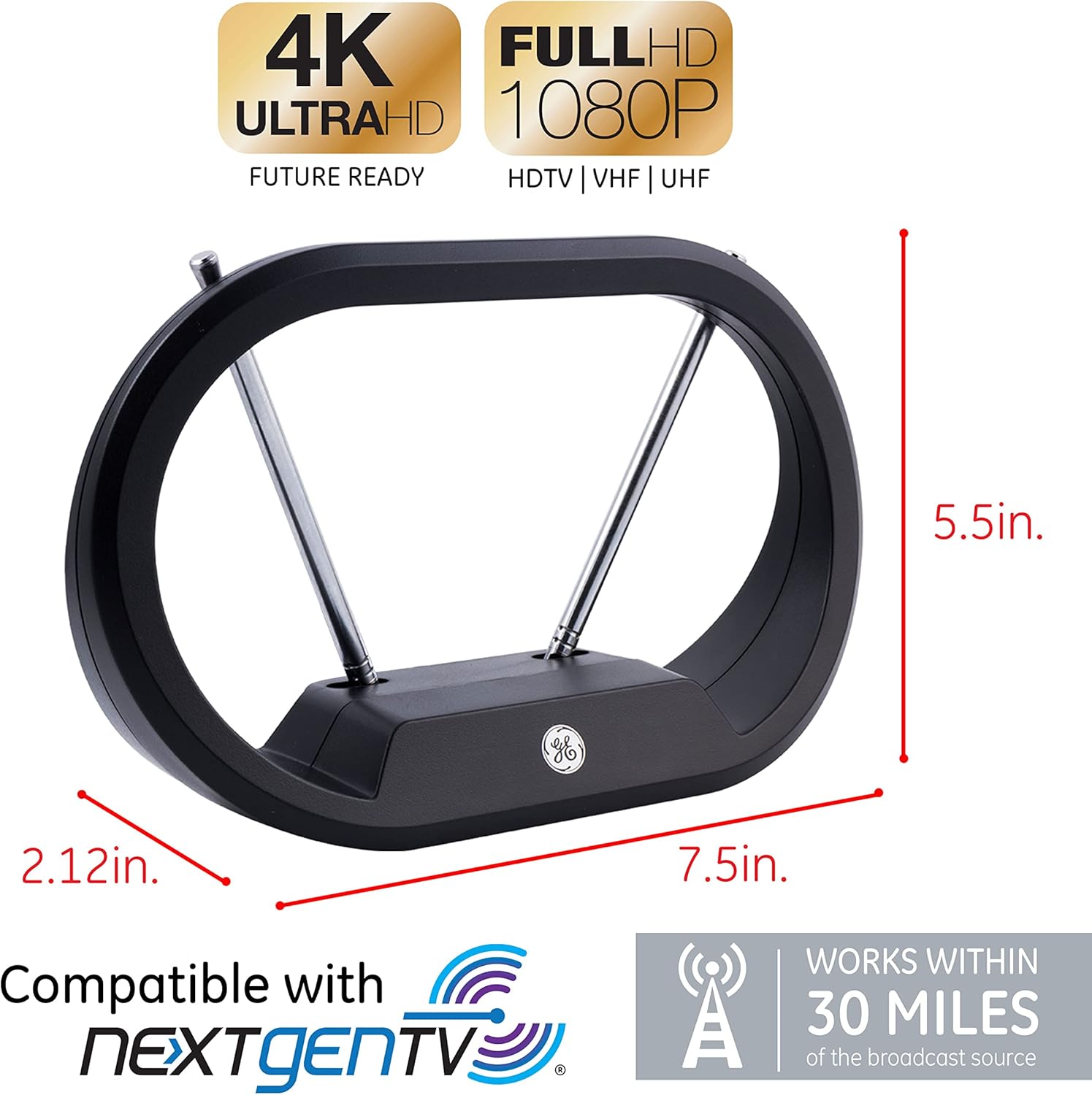GE Modern Loop Indoor Rabbit Ears TV Antenna Black 15 Inch Extendable 4K 1080P - Image 3